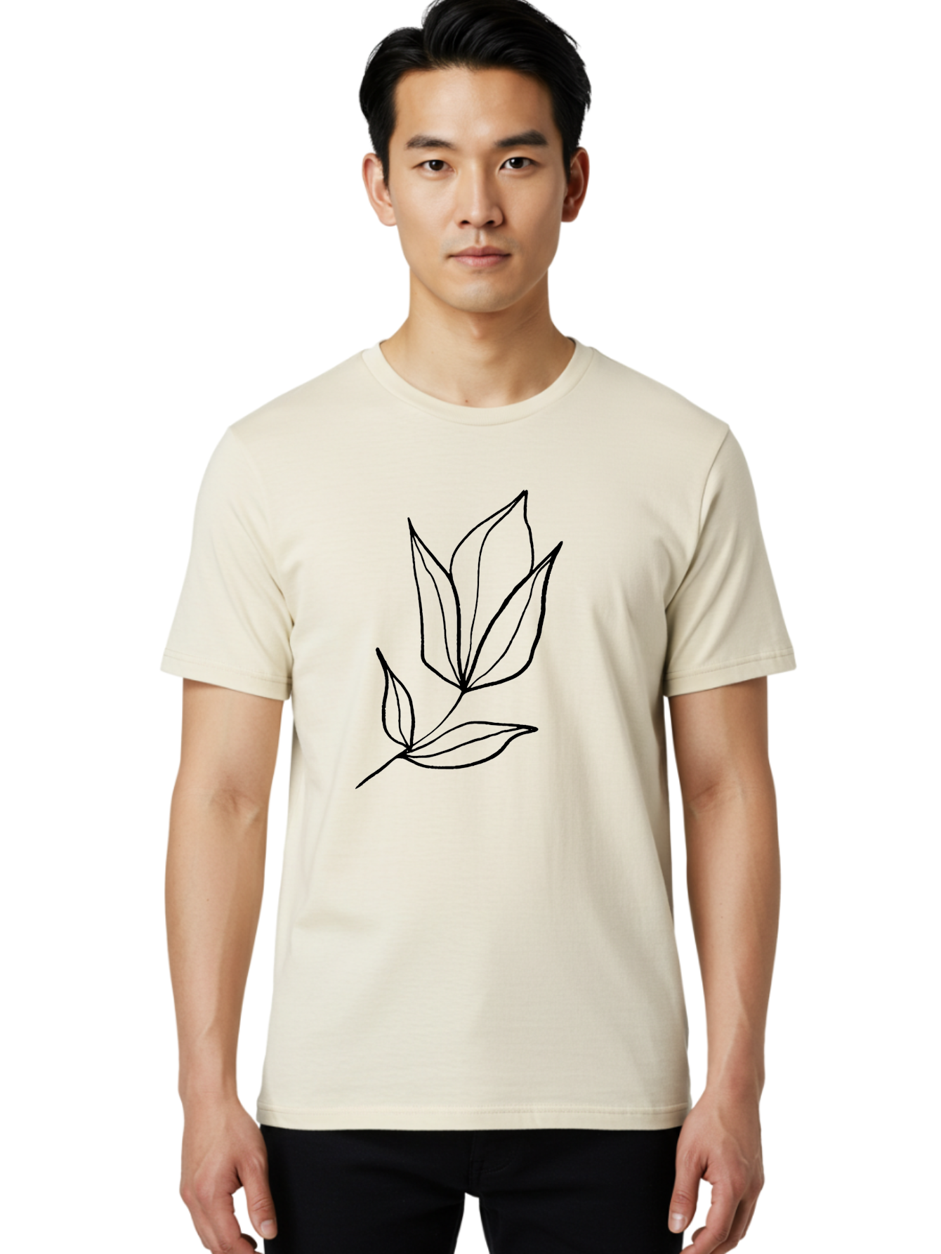 Leaves-3 Men'S Graphic Tee, 100% Cotton, Comfortable Casual Summer Wear, Machine Washable, Simple Leaf Illustration, Minimalist Design, Black Outline, Botanical Art, Leaf Pattern, Nature-Inspired Graphics, Simple Shapes -  Aaa452