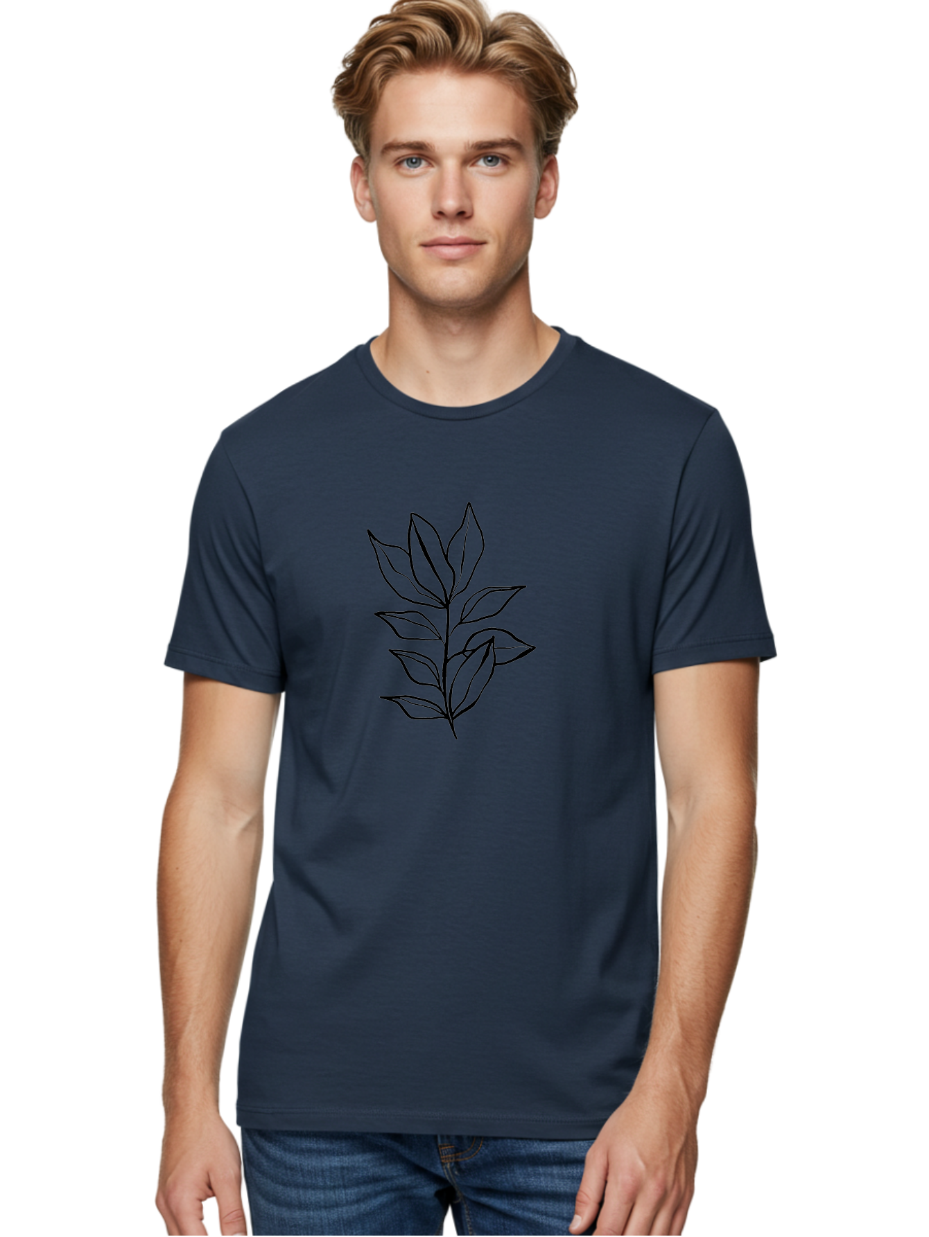 Leaves-4 Men'S Graphic Tee, 100% Cotton, Comfortable Casual Summer Wear, Machine Washable, Simple Leaf Design, Minimalist Art, Black Outline, Leaves, Foliage, Botanical Illustration, Simple Graphics, Modern Art -  Aaa453
