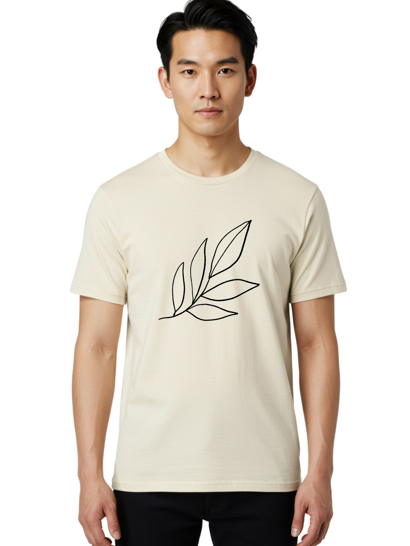 Leaves-5 Men'S Graphic Tee, 100% Cotton, Comfortable Casual Summer Wear, Machine Washable, Hand Drawn Leaves, Simple Line Art, Minimalist Design, Botanical Elements, Leaf Illustration, Black Outline -  Aaa454