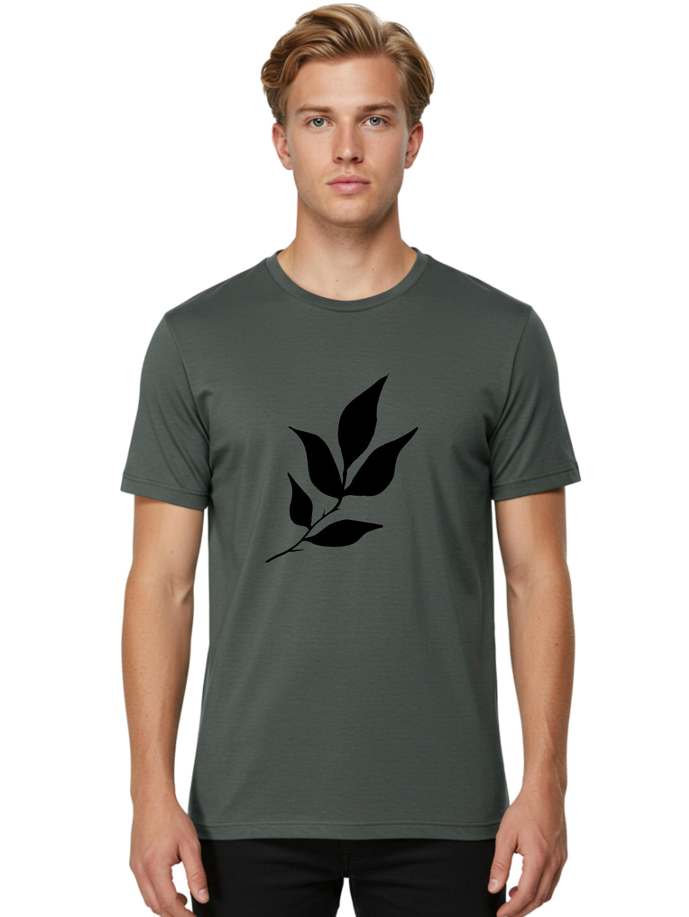 Leaves-8 Men'S Graphic Tee, 100% Cotton, Comfortable Casual Summer Wear, Machine Washable, Black Leaves On Branch, Leaf Silhouette, Minimalist Design, Simple Graphics, Black And Green, Nature Elements, Botanical Illustration, Leaf Graphic -  Aaa457
