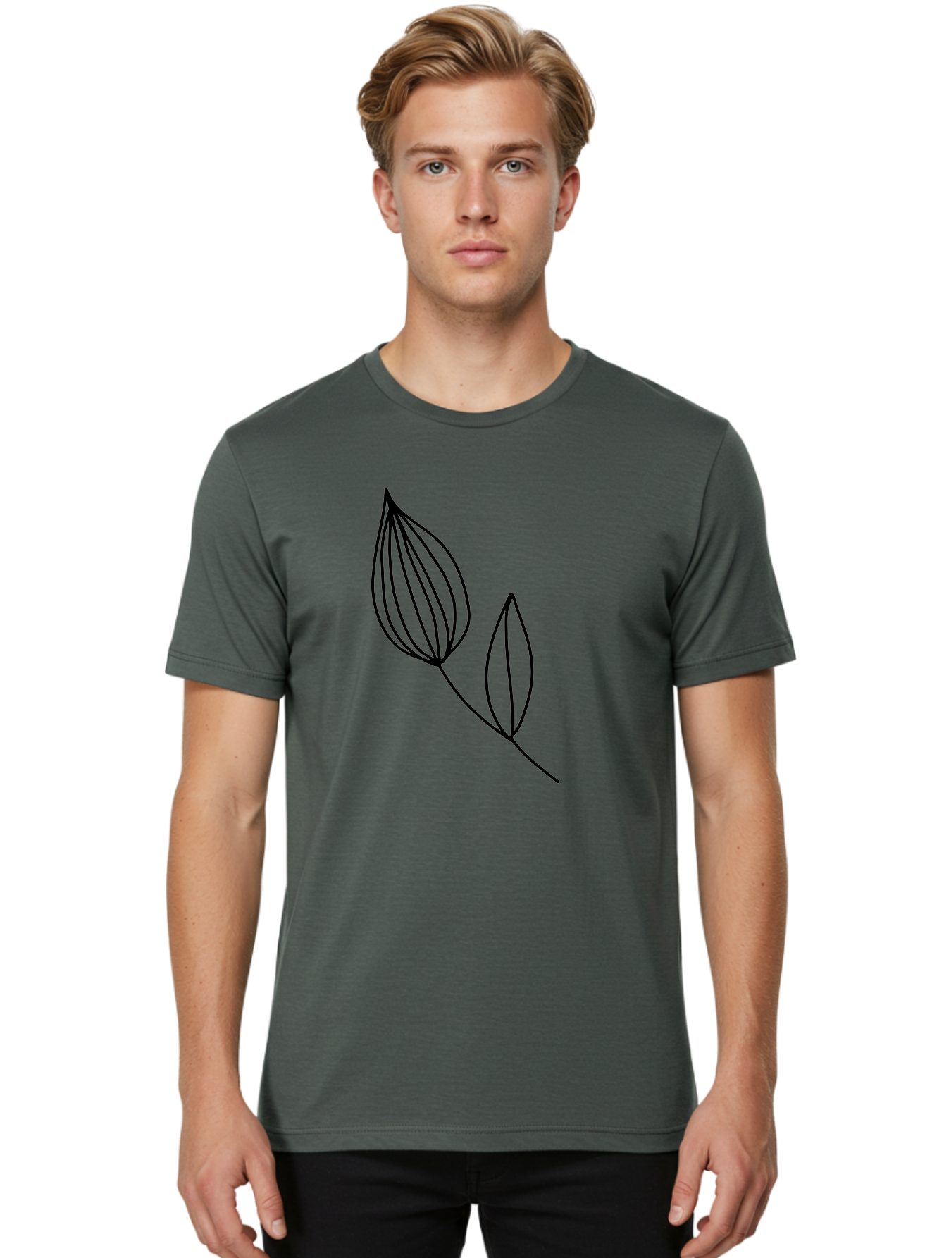 Line-Drawing-Leaves Men'S Graphic Tee, 100% Cotton, Comfortable Casual Summer Wear, Machine Washable, Minimalist Design, Leafy Stem, Simple Lines, Botanical Illustration, Modern Art, Contemporary Style, Black And Green -  Aaa459