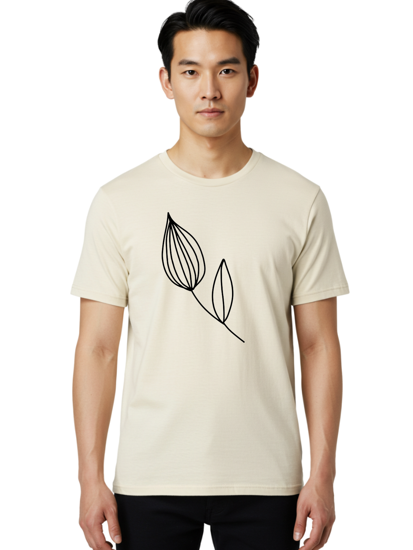 Line-Drawing-Leaves Men'S Graphic Tee, 100% Cotton, Comfortable Casual Summer Wear, Machine Washable, Minimalist Design, Leafy Stem, Simple Lines, Botanical Illustration, Modern Art, Contemporary Style, Black And Green -  Aaa459