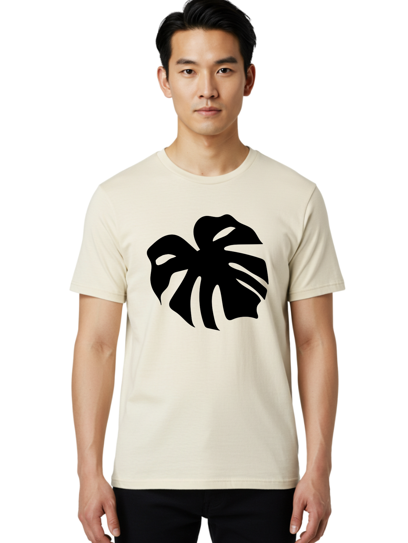Monstera-Leaf-1 Men'S Graphic Tee, 100% Cotton, Comfortable Casual Summer Wear, Machine Washable, Tropical Leaf, Monstera Deliciosa, Exotic Foliage, Jungle Plants, Unique Shapes, Leafy Greens, Black Silhouette -  Aaa466