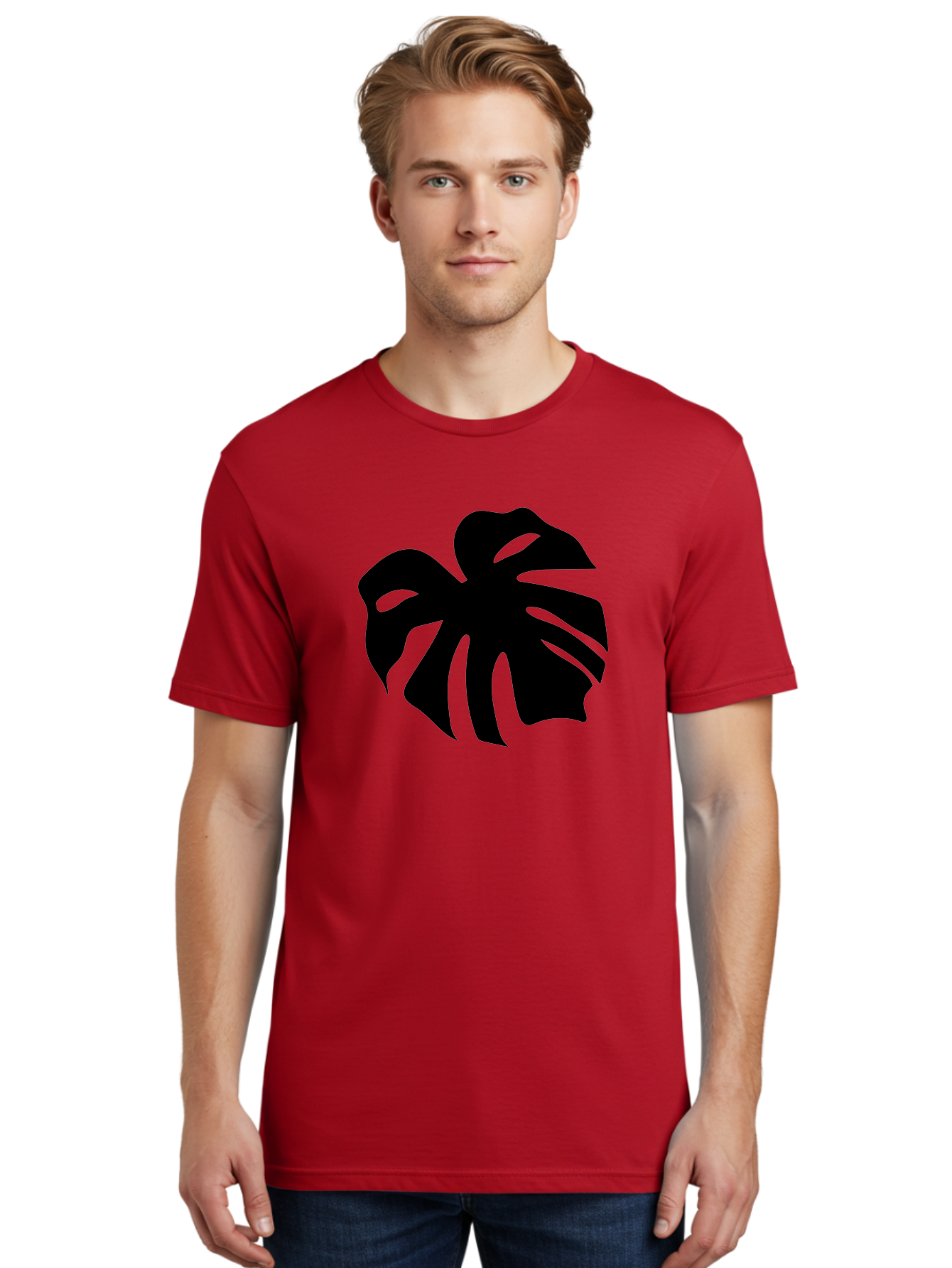Monstera-Leaf-1 Men'S Graphic Tee, 100% Cotton, Comfortable Casual Summer Wear, Machine Washable, Tropical Leaf, Monstera Deliciosa, Exotic Foliage, Jungle Plants, Unique Shapes, Leafy Greens, Black Silhouette -  Aaa466