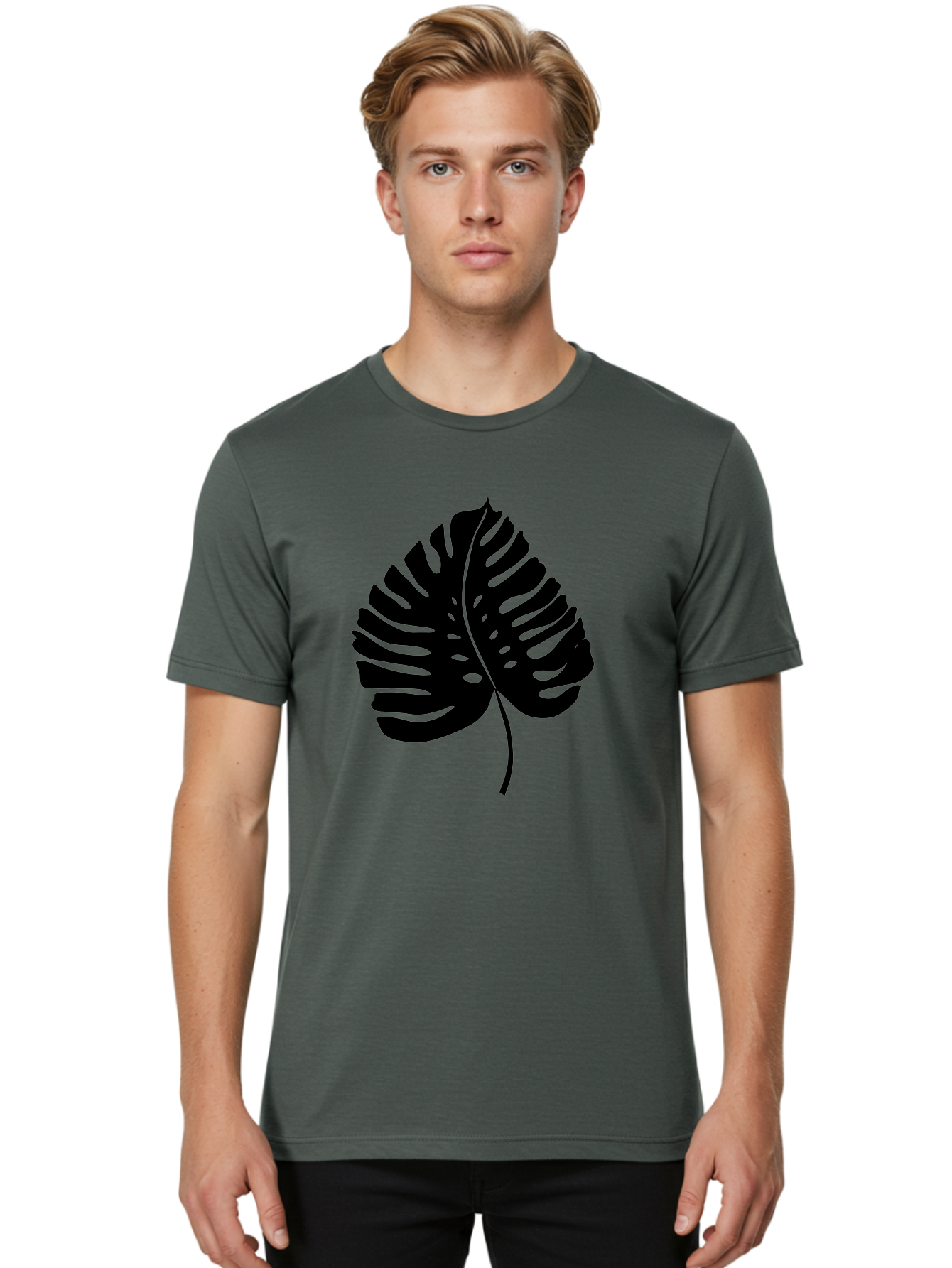 Monstera-Leaf-2 Men'S Graphic Tee, 100% Cotton, Comfortable Casual Summer Wear, Machine Washable, Tropical Leaf, Monstera Deliciosa, Exotic Foliage, Black Silhouette, Minimalist Design, Nature-Inspired Art, Botanical Illustration, -  Aaa467