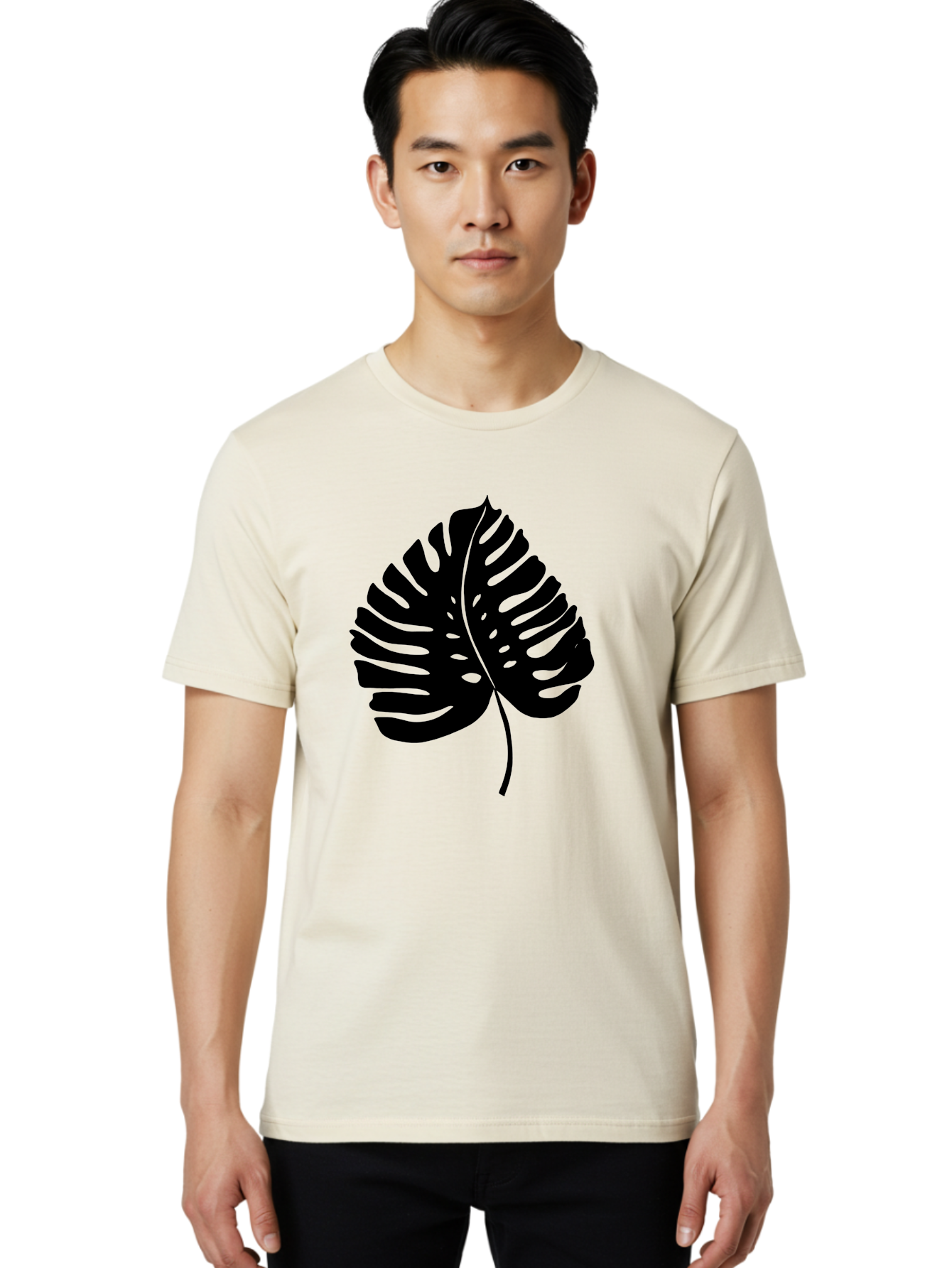 Monstera-Leaf-2 Men'S Graphic Tee, 100% Cotton, Comfortable Casual Summer Wear, Machine Washable, Tropical Leaf, Monstera Deliciosa, Exotic Foliage, Black Silhouette, Minimalist Design, Nature-Inspired Art, Botanical Illustration, -  Aaa467