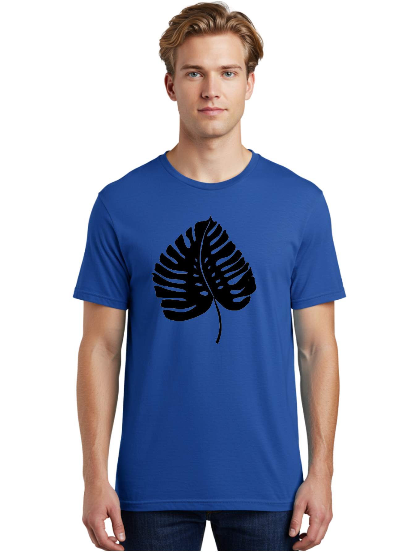 Monstera-Leaf-2 Men'S Graphic Tee, 100% Cotton, Comfortable Casual Summer Wear, Machine Washable, Tropical Leaf, Monstera Deliciosa, Exotic Foliage, Black Silhouette, Minimalist Design, Nature-Inspired Art, Botanical Illustration, -  Aaa467