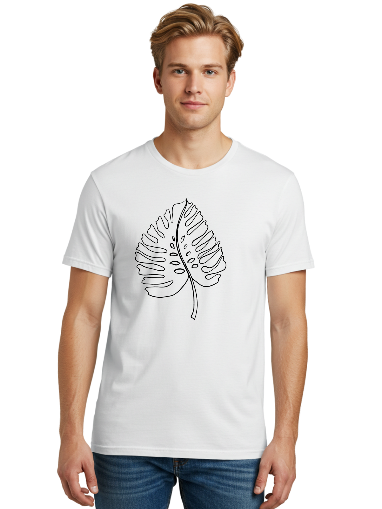 Monstera-Leaf Men'S Graphic Tee, 100% Cotton, Comfortable Casual Summer Wear, Machine Washable, Monstera Leaf, Tropical Foliage, Minimalist Design, Black Outline, Simple Illustration, Houseplant Graphics, Leaf Pattern, Exotic Plants, -  Aaa468
