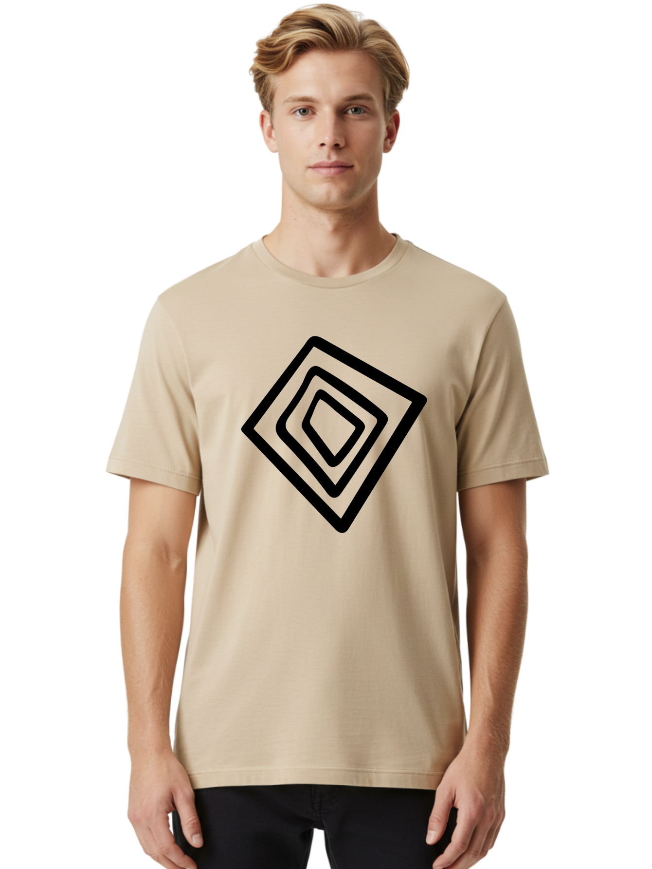 Stacked-Diamonds Men'S Graphic Tee, 100% Cotton, Comfortable Casual Summer Wear, Machine Washable, Concentric Diamond Shapes, Layered Design, Minimalist Art, Black And Green, Geometric Pattern, Modern Aesthetic, Simple Graphics -  Aaa492