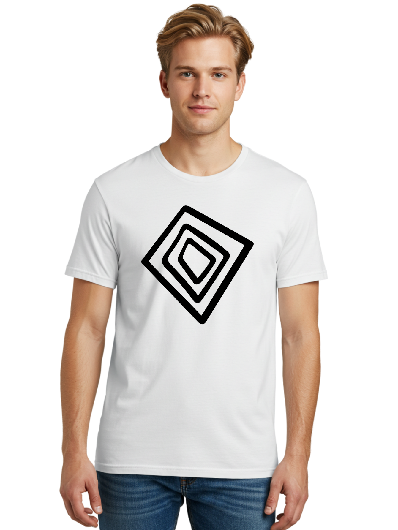 Stacked-Diamonds Men'S Graphic Tee, 100% Cotton, Comfortable Casual Summer Wear, Machine Washable, Concentric Diamond Shapes, Layered Design, Minimalist Art, Black And Green, Geometric Pattern, Modern Aesthetic, Simple Graphics -  Aaa492