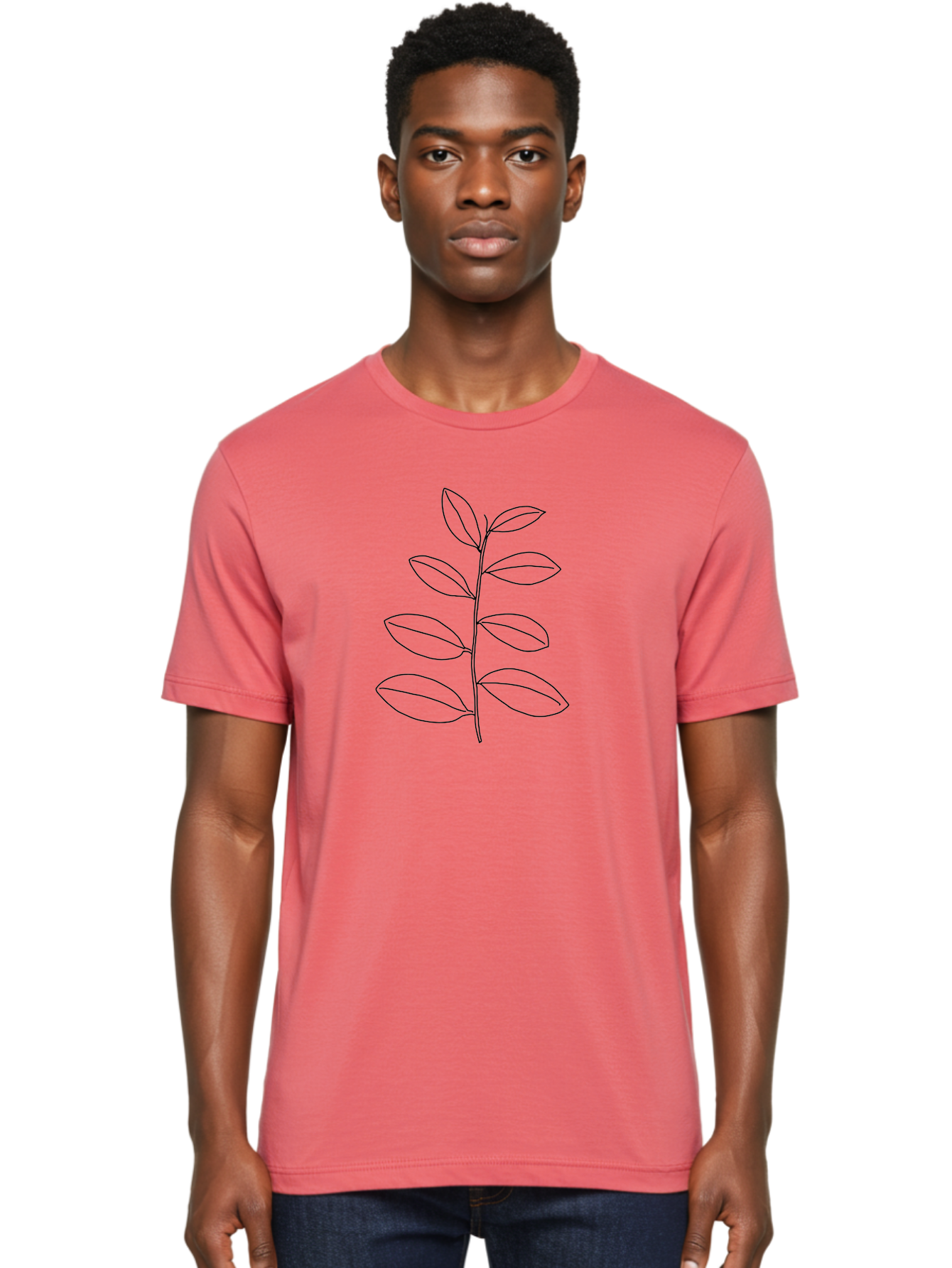 Stem-With-Leaves Men'S Graphic Tee, 100% Cotton, Comfortable Casual Summer Wear, Machine Washable, Simple Line Art, Minimalist Design, Leafy Stem, Botanical Illustration, Natural Elements, Outline Art, Black Lines, Foliage -  Aaa493