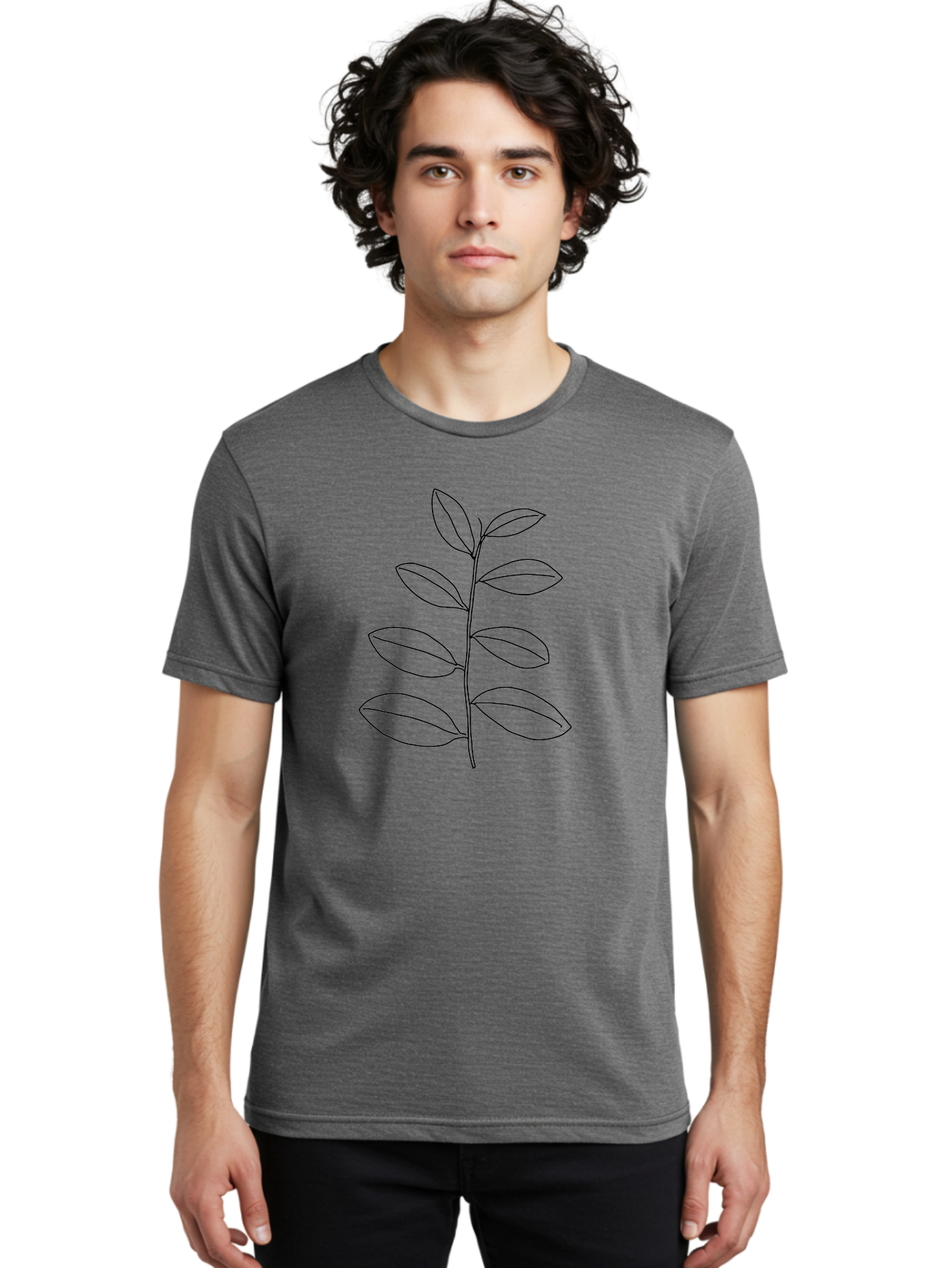 Stem-With-Leaves Men'S Graphic Tee, 100% Cotton, Comfortable Casual Summer Wear, Machine Washable, Simple Line Art, Minimalist Design, Leafy Stem, Botanical Illustration, Natural Elements, Outline Art, Black Lines, Foliage -  Aaa493