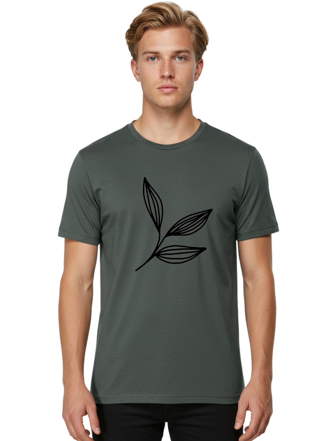 Three-Leaf-Stem Men'S Graphic Tee, 100% Cotton, Comfortable Casual Summer Wear, Machine Washable, Minimalist Leaf Design, Simple Line Art, Botanical Illustration, Three Leaves, Black Outline, Natural Theme, Eco-Friendly, Organic Shape -  Aaa498