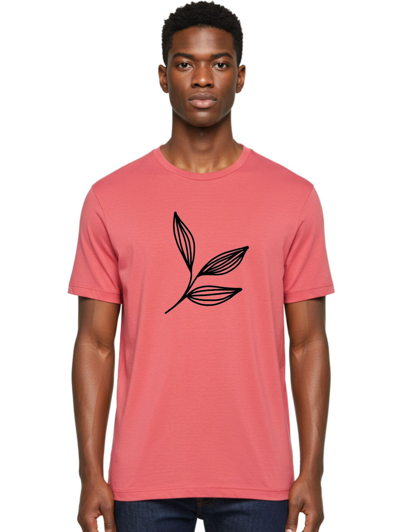 Three-Leaf-Stem Men'S Graphic Tee, 100% Cotton, Comfortable Casual Summer Wear, Machine Washable, Minimalist Leaf Design, Simple Line Art, Botanical Illustration, Three Leaves, Black Outline, Natural Theme, Eco-Friendly, Organic Shape -  Aaa498