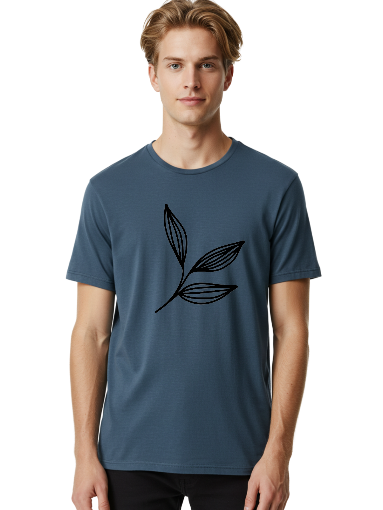 Three-Leaf-Stem Men'S Graphic Tee, 100% Cotton, Comfortable Casual Summer Wear, Machine Washable, Minimalist Leaf Design, Simple Line Art, Botanical Illustration, Three Leaves, Black Outline, Natural Theme, Eco-Friendly, Organic Shape -  Aaa498