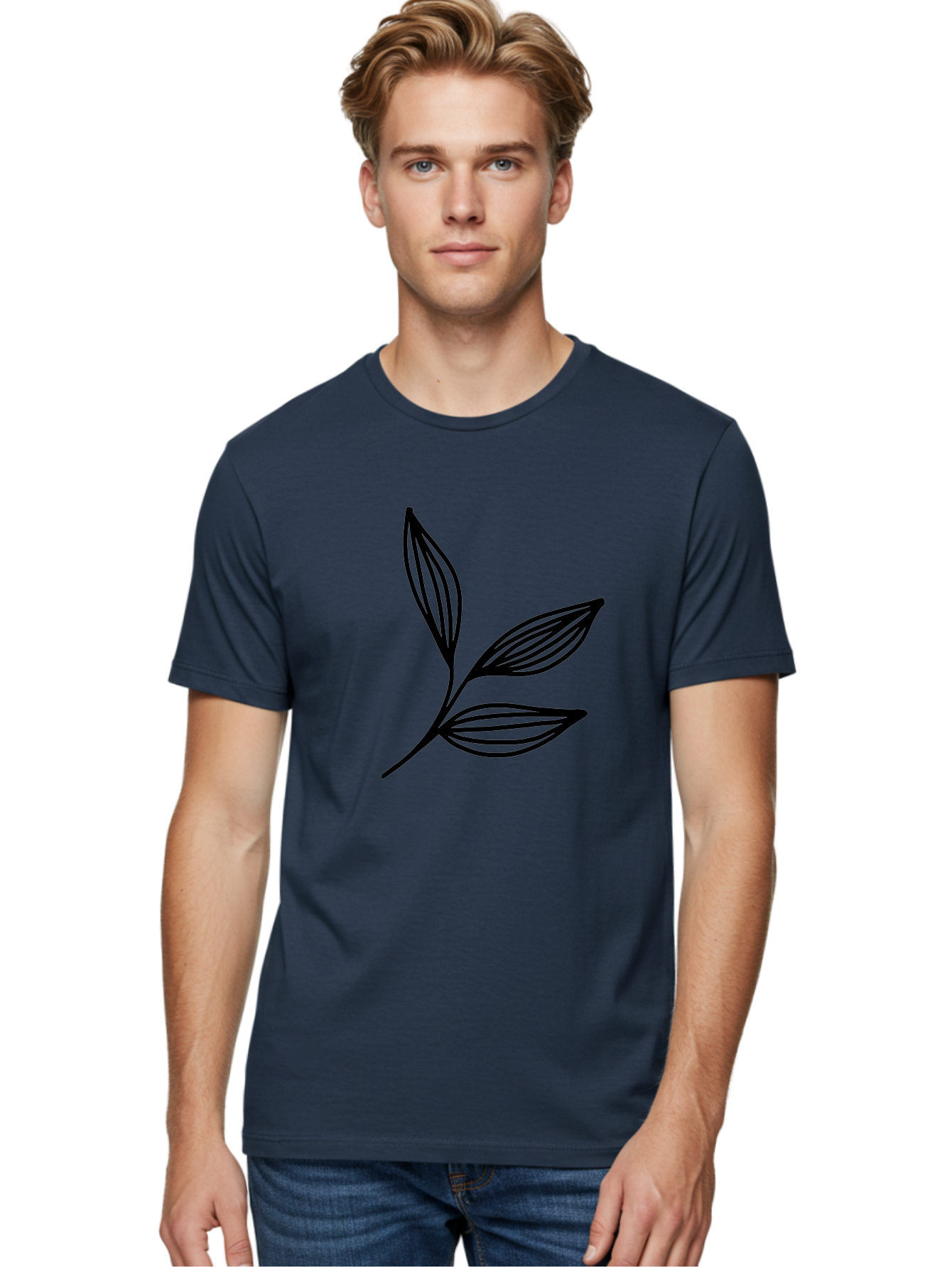 Three-Leaf-Stem Men'S Graphic Tee, 100% Cotton, Comfortable Casual Summer Wear, Machine Washable, Minimalist Leaf Design, Simple Line Art, Botanical Illustration, Three Leaves, Black Outline, Natural Theme, Eco-Friendly, Organic Shape -  Aaa498