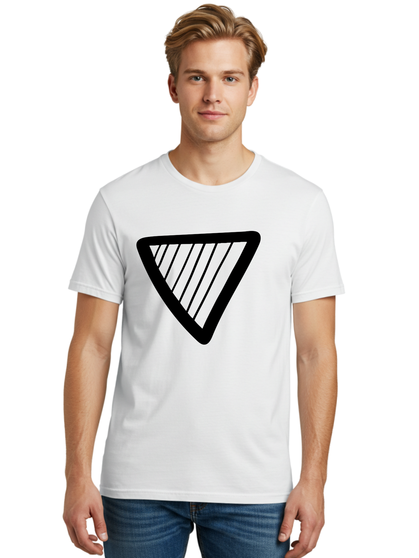 Triangle Men'S Graphic Tee, 100% Cotton, Comfortable Casual Summer Wear, Machine Washable, Triangle Shape, Yield Sign, Caution Sign, Black Outline, Warning Symbol, Traffic Sign, Road Safety, Diagonal Lines -  Aaa503