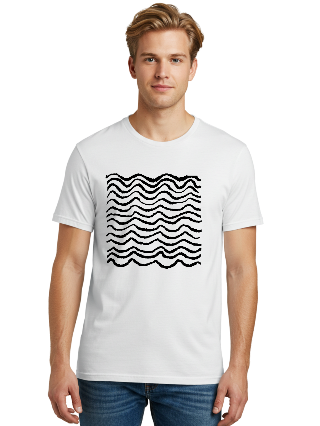 Wavy-Lines-Pattern Men'S Graphic Tee, 100% Cotton, Comfortable Casual Summer Wear, Machine Washable, Wavy Lines, Black Lines, Fluid Patterns, Abstract Design, Wavy Shapes, Modern Art, Graphic Elements, Dynamic Curves -  Aaa508