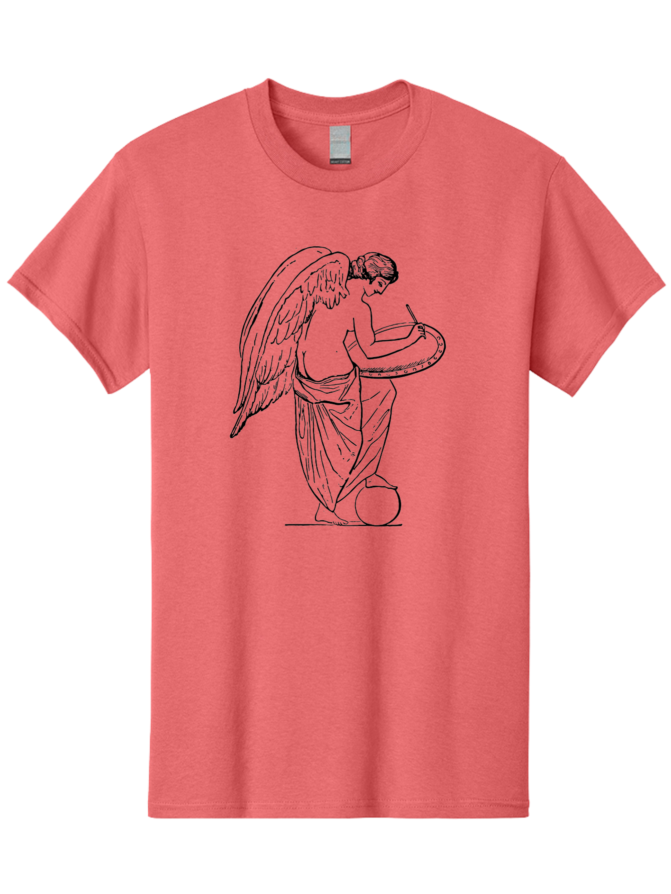 Angel-Playing-Tambourine Men'S Graphic Tee, 100% Cotton, Comfortable Casual Summer Wear, Machine Washable, Angel Playing Drum, Heavenly Music, Divine Art, Classical Illustration, Ethereal Beauty, Artistic Expression, Mythical Being, -  Aaa513