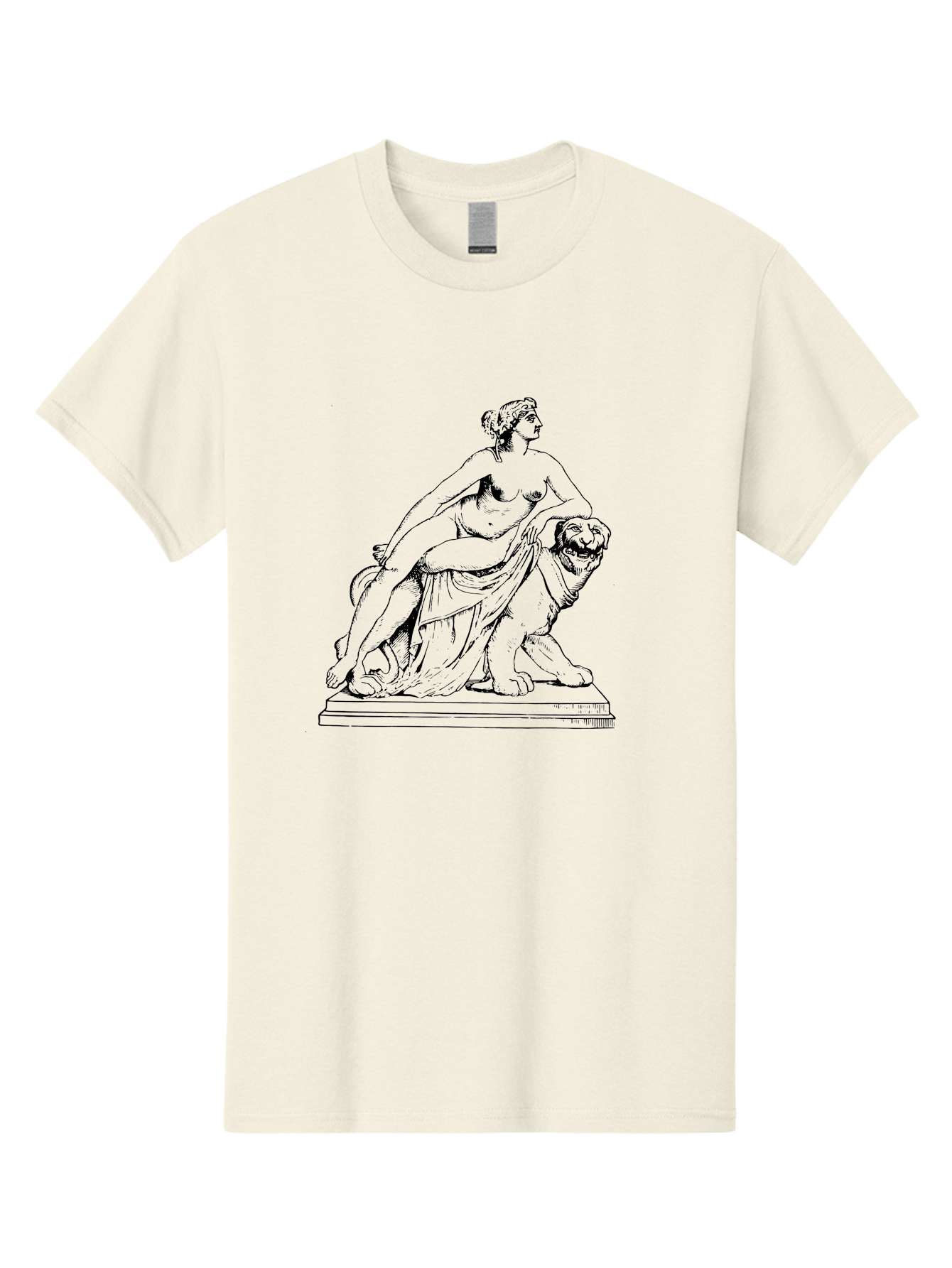 Aphrodite-Riding-Lion Men'S Graphic Tee, 100% Cotton, Comfortable Casual Summer Wear, Machine Washable, Classical Art, Greek Mythology, Female Figure, Lion Statue, Nude Woman, Goddess Aphrodite, Sensual Pose, Elegant Draping, -  Aaa514