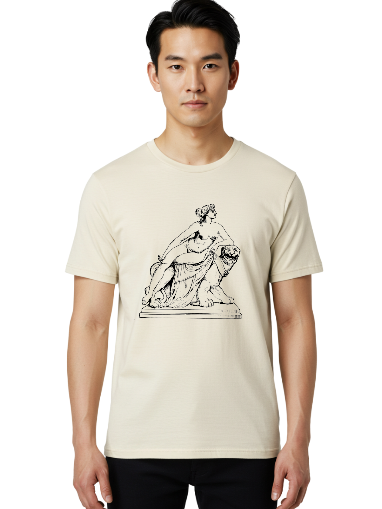 Aphrodite-Riding-Lion Men'S Graphic Tee, 100% Cotton, Comfortable Casual Summer Wear, Machine Washable, Classical Art, Greek Mythology, Female Figure, Lion Statue, Nude Woman, Goddess Aphrodite, Sensual Pose, Elegant Draping, -  Aaa514
