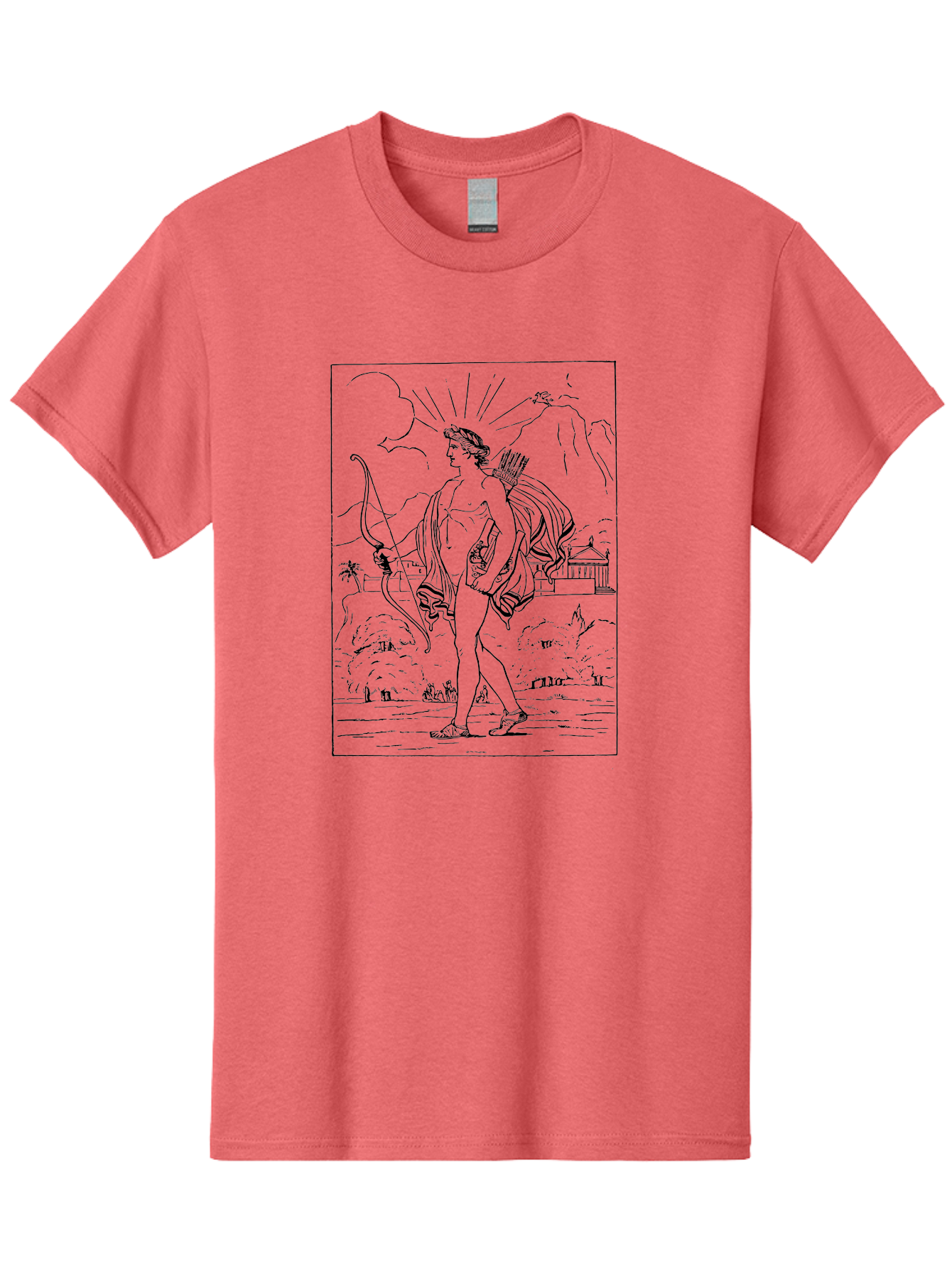 Apollo Men'S Graphic Tee, 100% Cotton, Comfortable Casual Summer Wear, Machine Washable, Classical Art, Greek Mythology, Archery, Nude Figure, Landscape, Palm Trees, Clouds, Birds, Temple, Historical Scene, Artistic Representation -  Aaa515