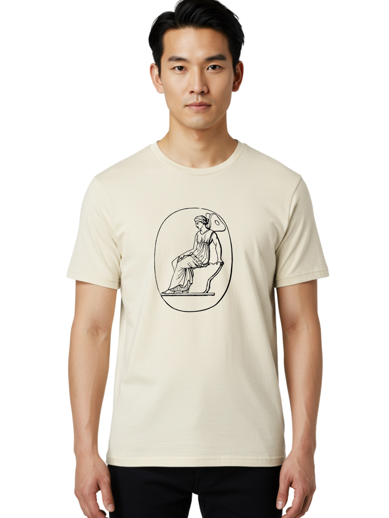 Athena-1 Men'S Graphic Tee, 100% Cotton, Comfortable Casual Summer Wear, Machine Washable, Woman Sitting On Chair, Ancient Greek Style, Classical Art, Feminine Figure, Relaxed Pose, Elegant Design, Minimalist Line Art, -  Aaa517