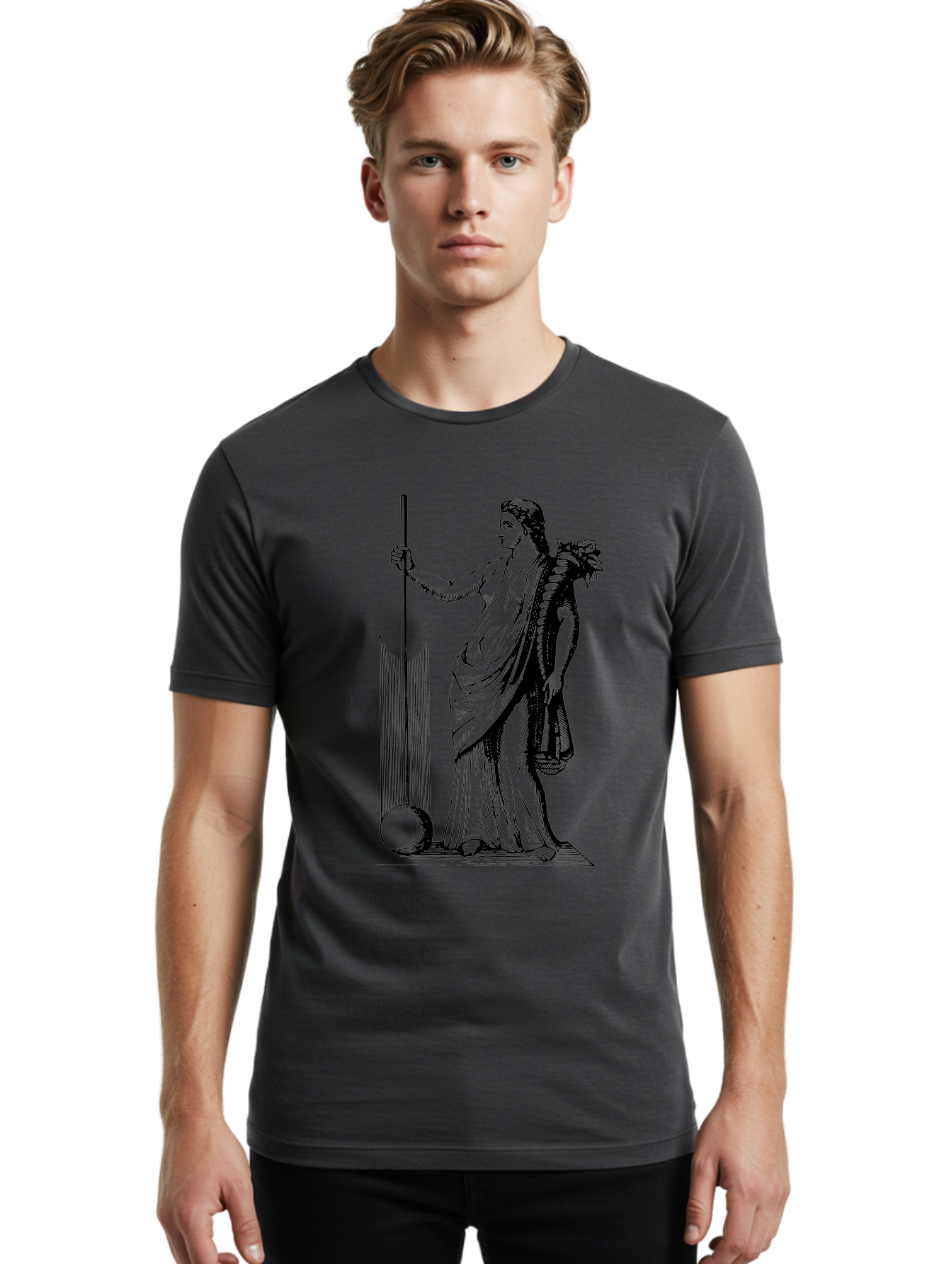 Classical-Woman Men'S Graphic Tee, 100% Cotton, Comfortable Casual Summer Wear, Machine Washable, Classical Figure, Flowing Robes, Holding Staff, Ornate Headdress, Classical Art, Historical Illustration, Regal Pose, Elegant Drapery, -  Aaa527