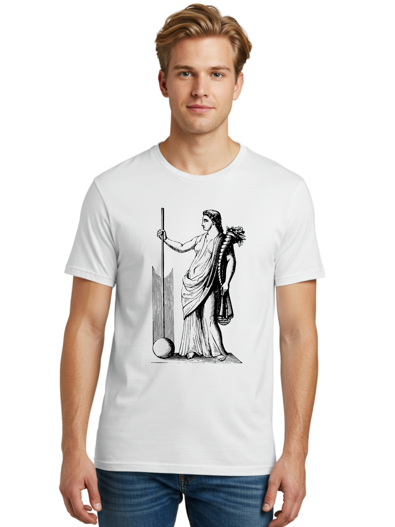 Classical-Woman Men'S Graphic Tee, 100% Cotton, Comfortable Casual Summer Wear, Machine Washable, Classical Figure, Flowing Robes, Holding Staff, Ornate Headdress, Classical Art, Historical Illustration, Regal Pose, Elegant Drapery, -  Aaa527