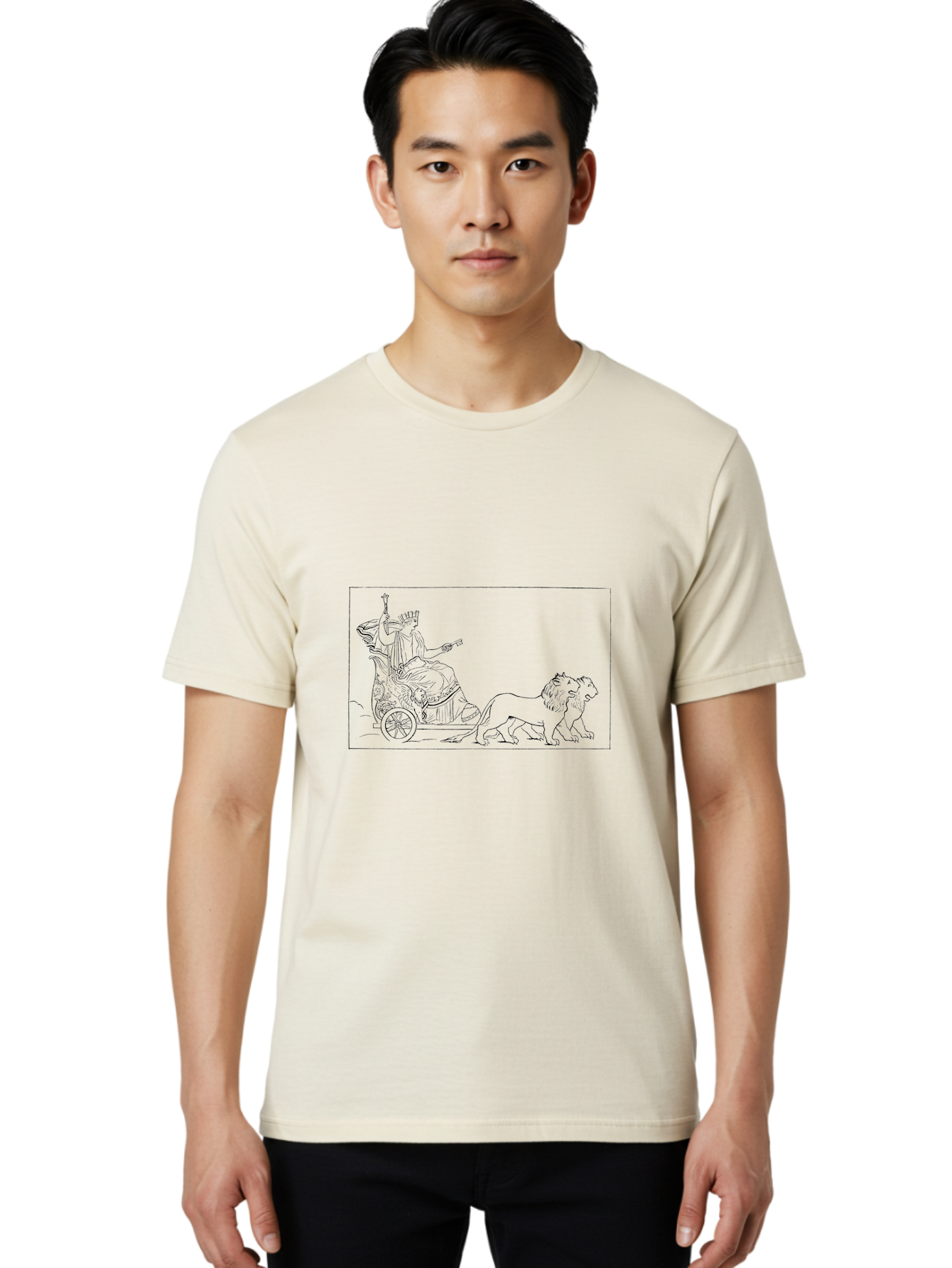 Cybele-Lion Men'S Graphic Tee, 100% Cotton, Comfortable Casual Summer Wear, Machine Washable, Black And White Chariot Illustration, Lion Pulling A Chariot, Classic Illustration, Mythological Scene, Regal Atmosphere, Historical Artwork, -  Aaa529