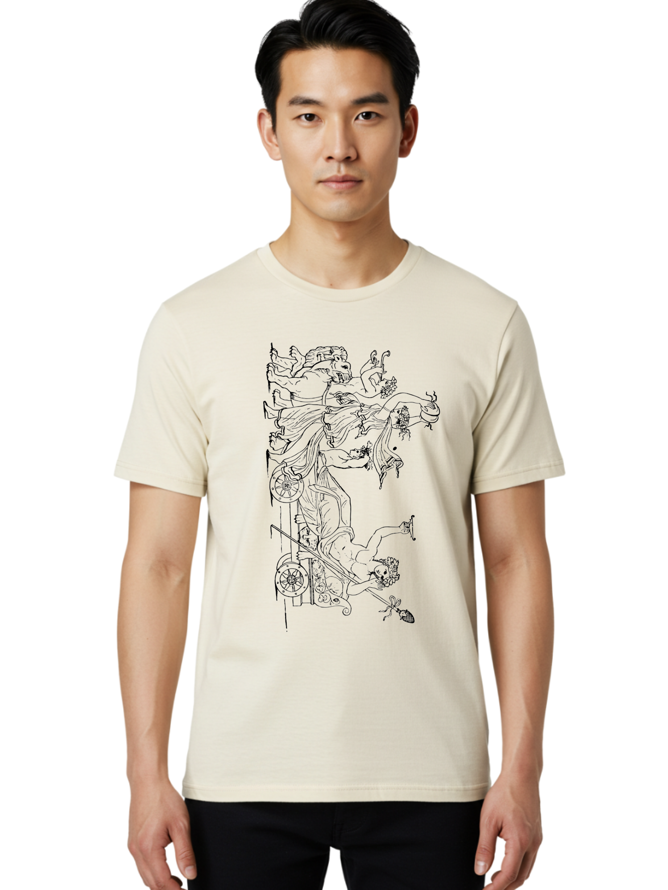 Faunus-Attack Men'S Graphic Tee, 100% Cotton, Comfortable Casual Summer Wear, Machine Washable, Mythological Scene, Faunus And Eros, Ancient Mythology, Classical Art, Black Line Drawing, Greek Mythology, Mythological Figures, Faunus, Eros, -  Aaa533