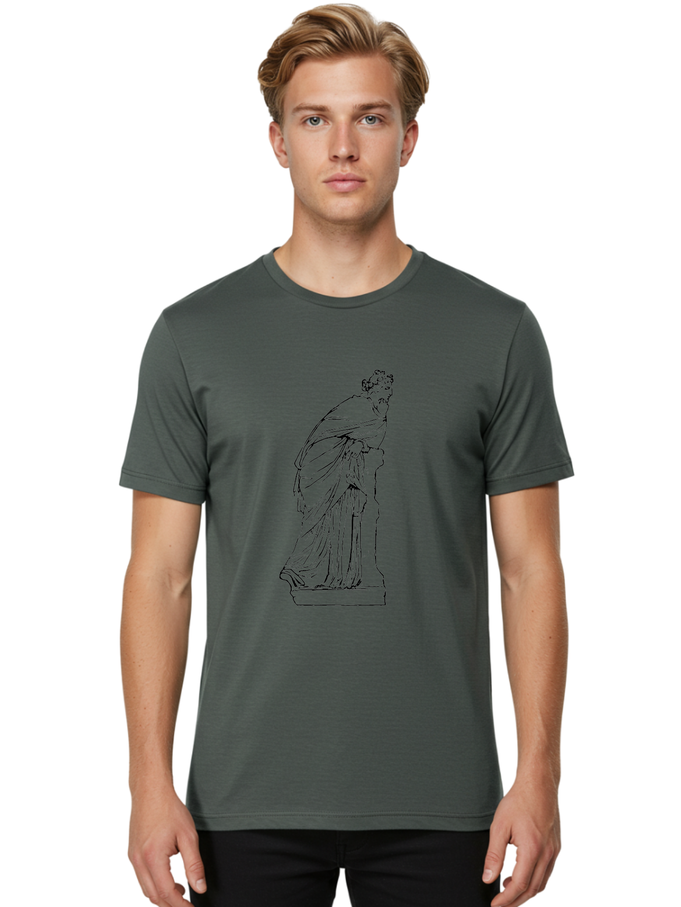 Goddess-Statue-1 Men'S Graphic Tee, 100% Cotton, Comfortable Casual Summer Wear, Machine Washable, Classical Statue, Flowing Robes, Ancient Greek Art, Minimalist Line Art, Simple Illustration, Draped Figure, Statue On Pedestal, -  Aaa535