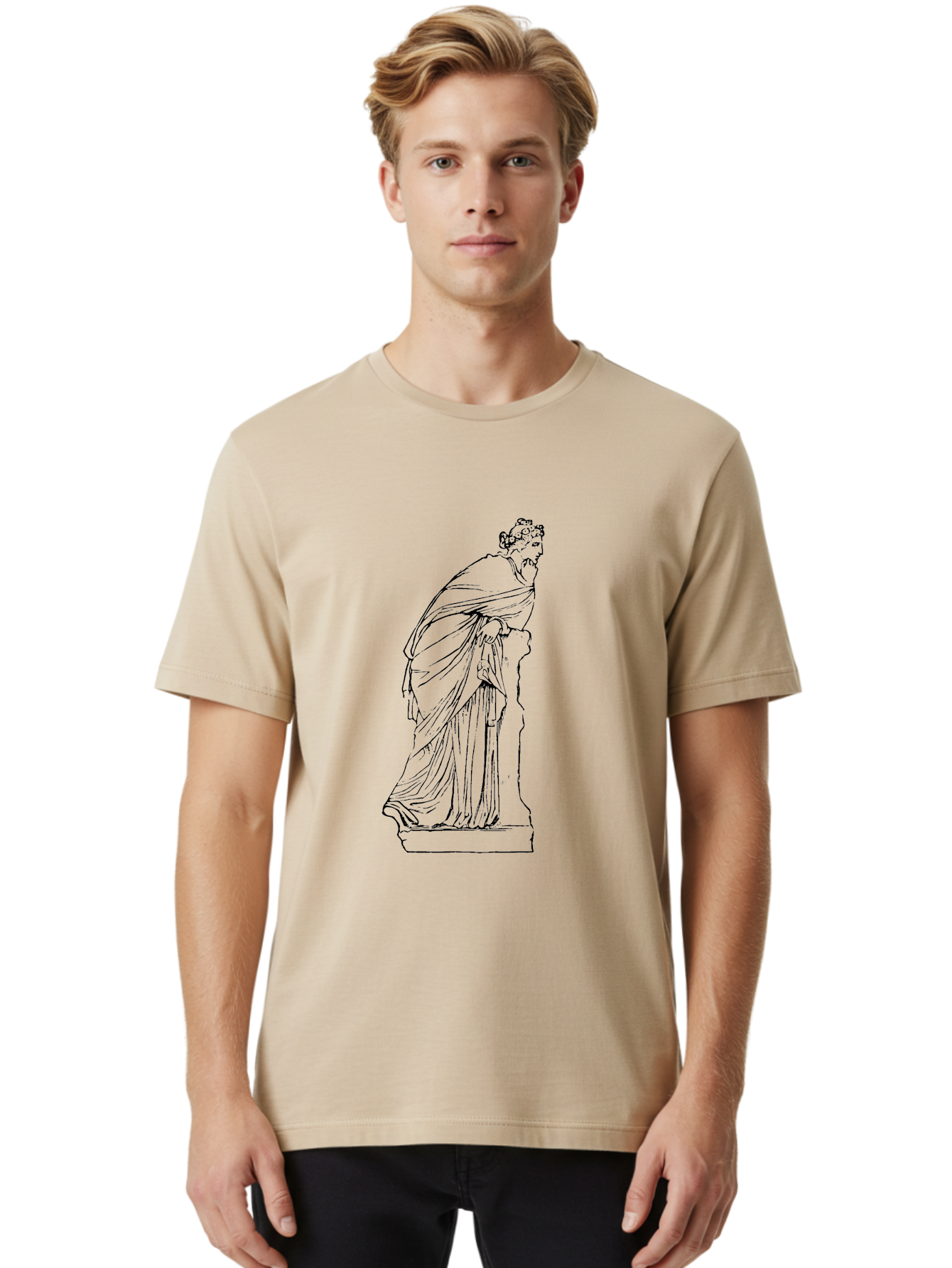 Goddess-Statue-1 Men'S Graphic Tee, 100% Cotton, Comfortable Casual Summer Wear, Machine Washable, Classical Statue, Flowing Robes, Ancient Greek Art, Minimalist Line Art, Simple Illustration, Draped Figure, Statue On Pedestal, -  Aaa535