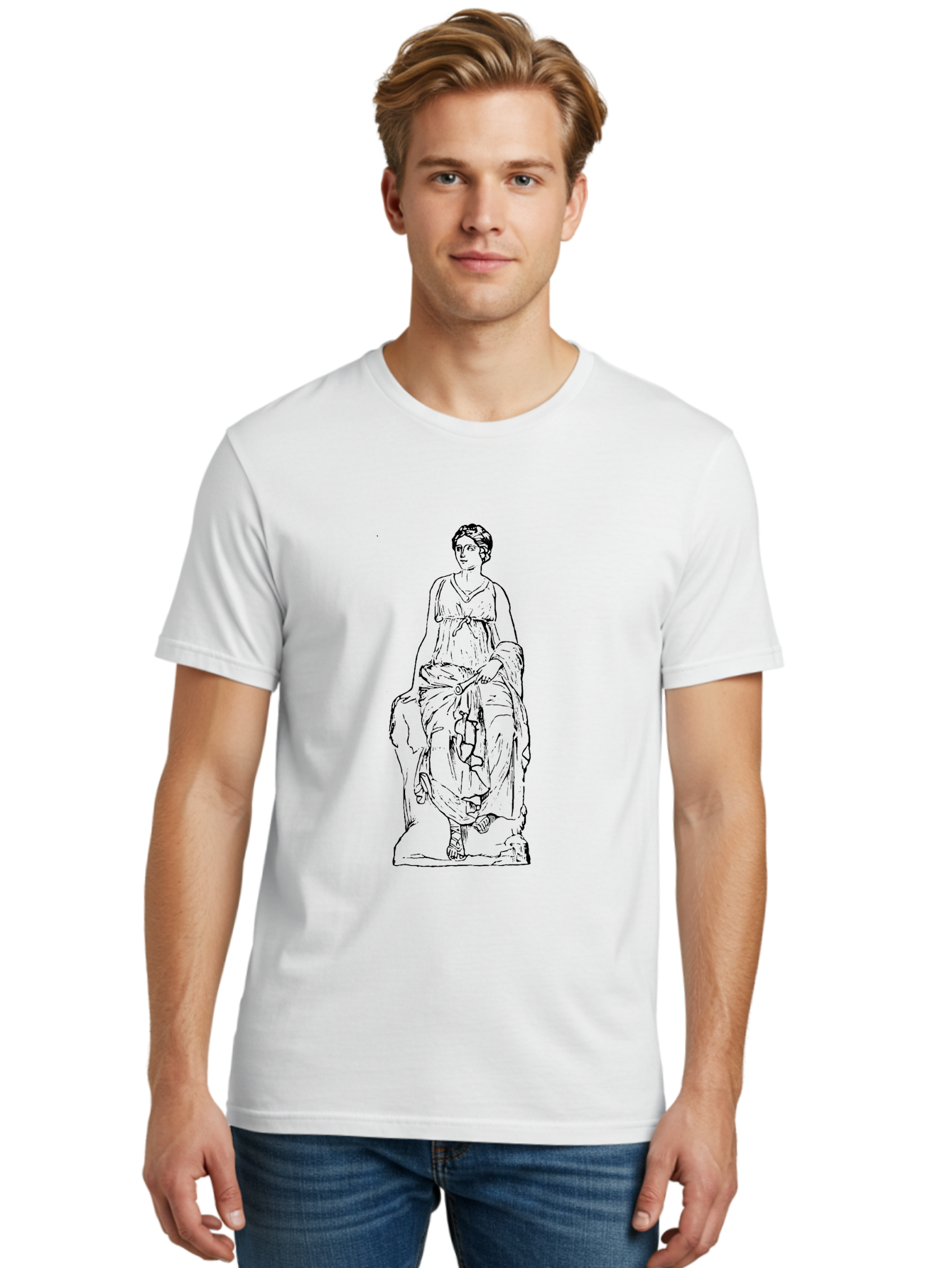 Goddess-Statue Men'S Graphic Tee, 100% Cotton, Comfortable Casual Summer Wear, Machine Washable, Classical Figure, Elegant Pose, Flowing Dress, Ancient Art, Historical Figure, Serene Expression, Artistic Illustration, Simple Lines, -  Aaa536