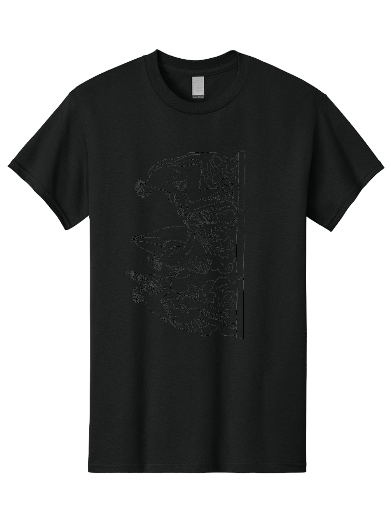 diving figures, dynamic movement, acrobatic poses, flowing robes, black outline, classic art, Greek-inspired, fluid motion, athletic forms, artistic expression