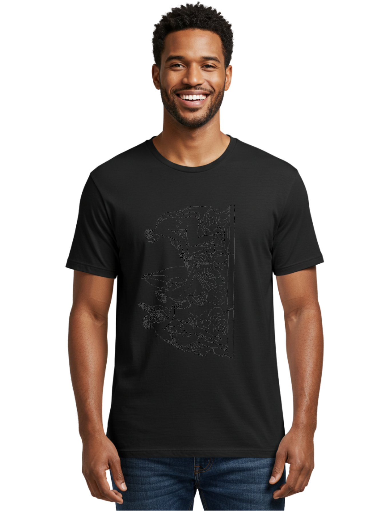 diving figures, dynamic movement, acrobatic poses, flowing robes, black outline, classic art, Greek-inspired, fluid motion, athletic forms, artistic expression
