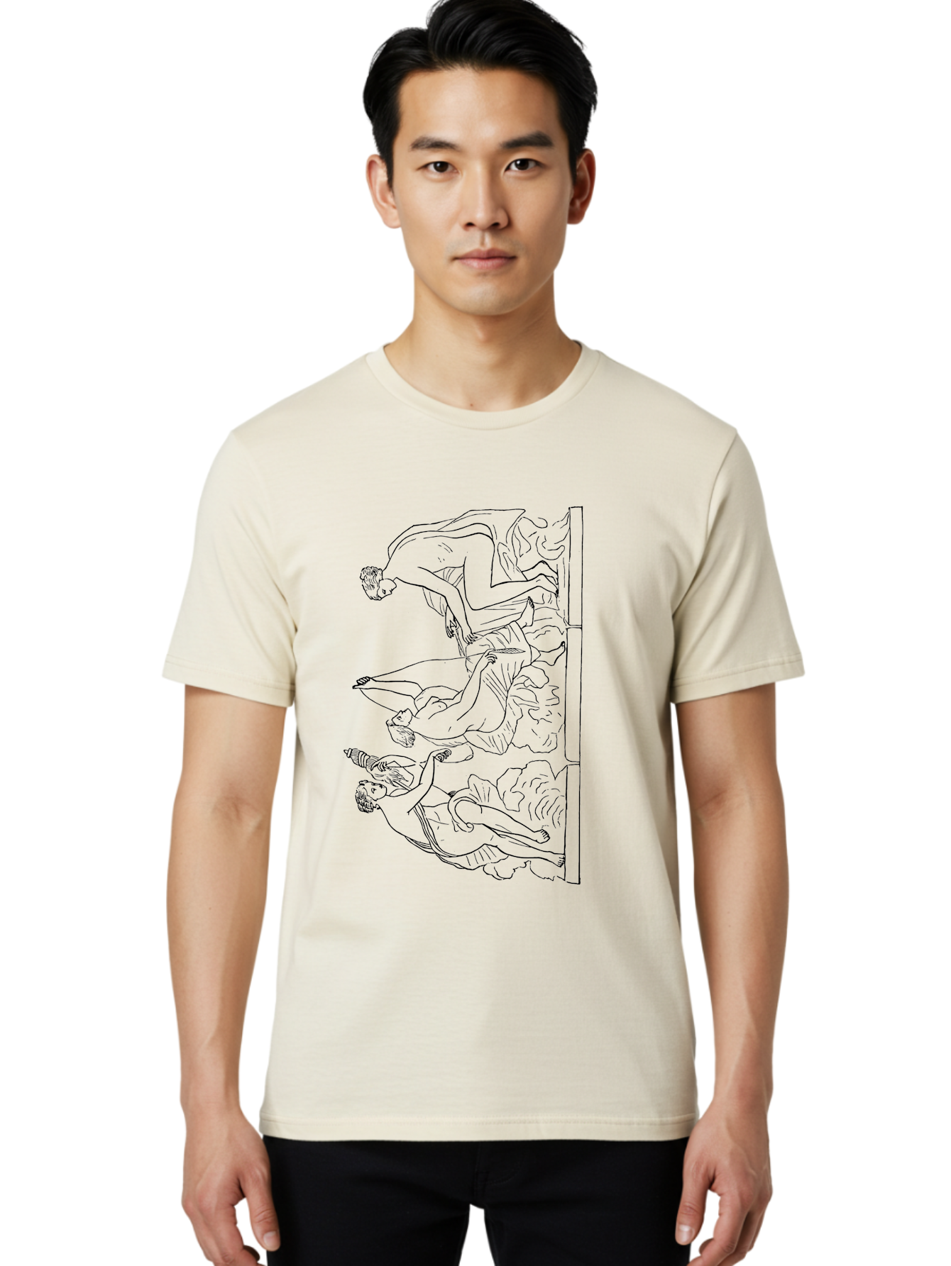 diving figures, dynamic movement, acrobatic poses, flowing robes, black outline, classic art, Greek-inspired, fluid motion, athletic forms, artistic expression