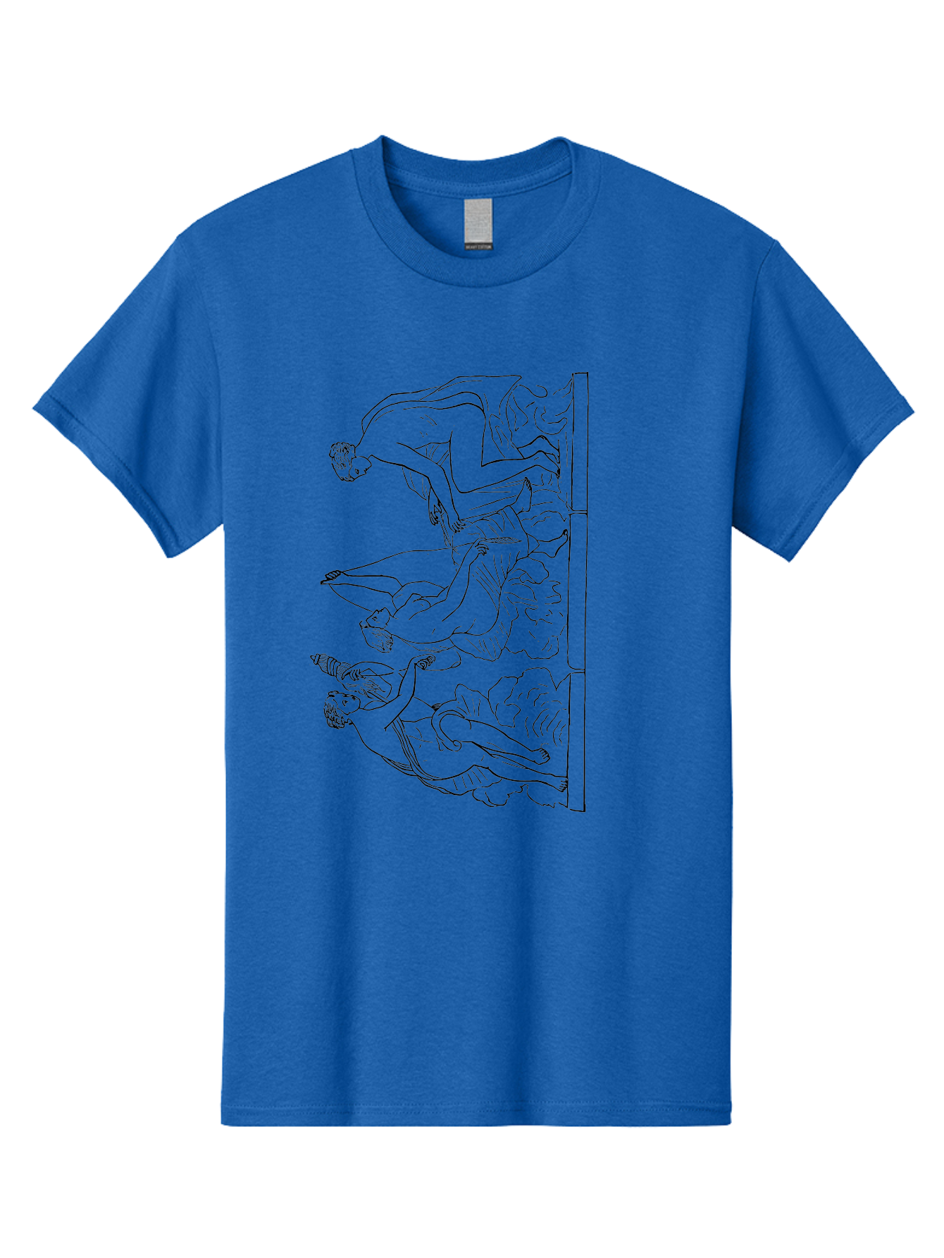 diving figures, dynamic movement, acrobatic poses, flowing robes, black outline, classic art, Greek-inspired, fluid motion, athletic forms, artistic expression