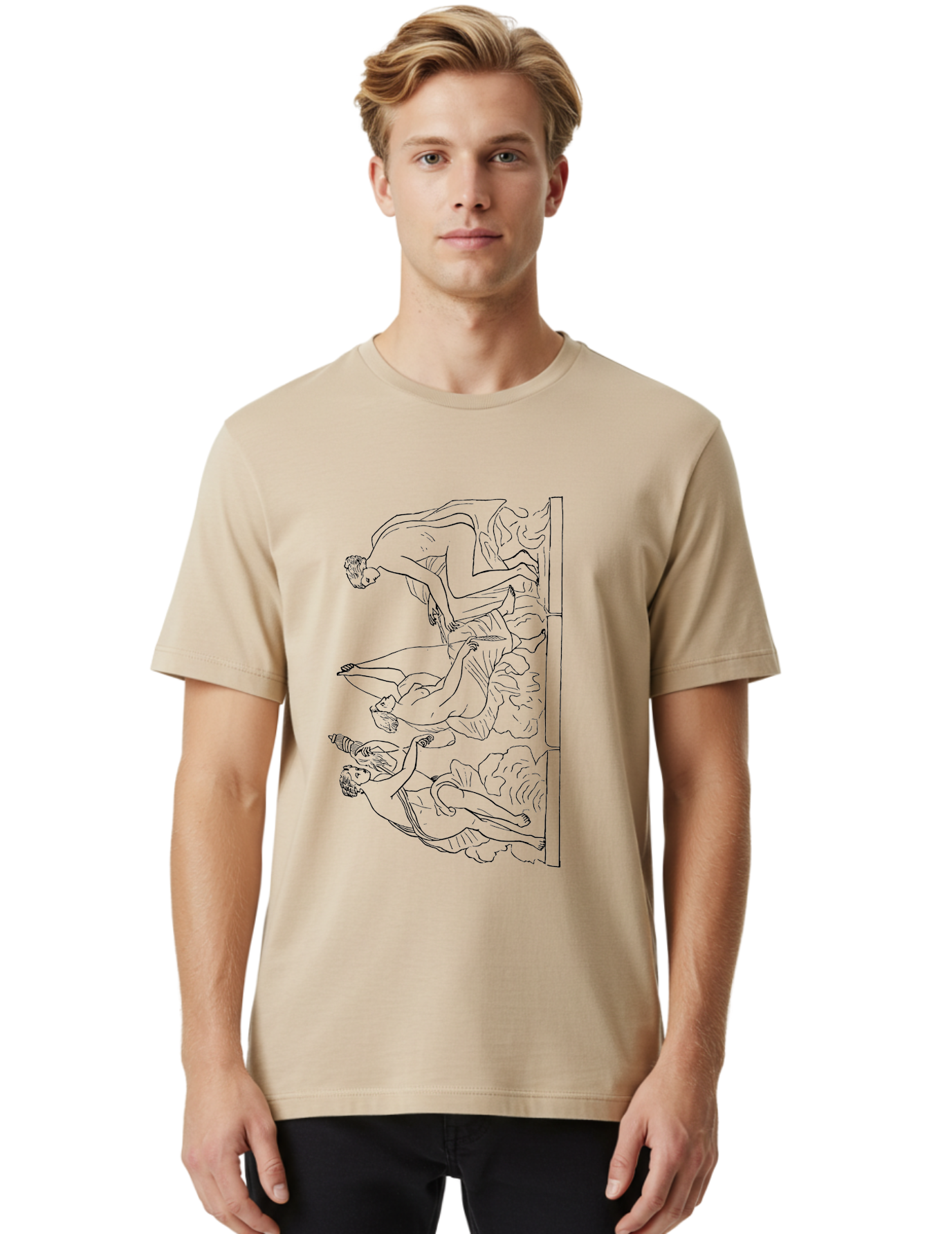 diving figures, dynamic movement, acrobatic poses, flowing robes, black outline, classic art, Greek-inspired, fluid motion, athletic forms, artistic expression