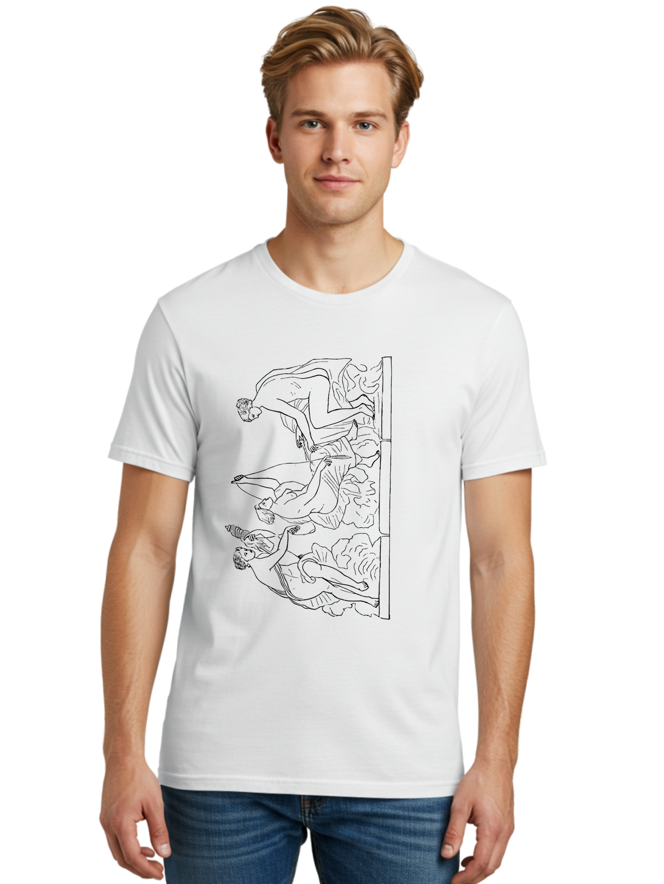 diving figures, dynamic movement, acrobatic poses, flowing robes, black outline, classic art, Greek-inspired, fluid motion, athletic forms, artistic expression