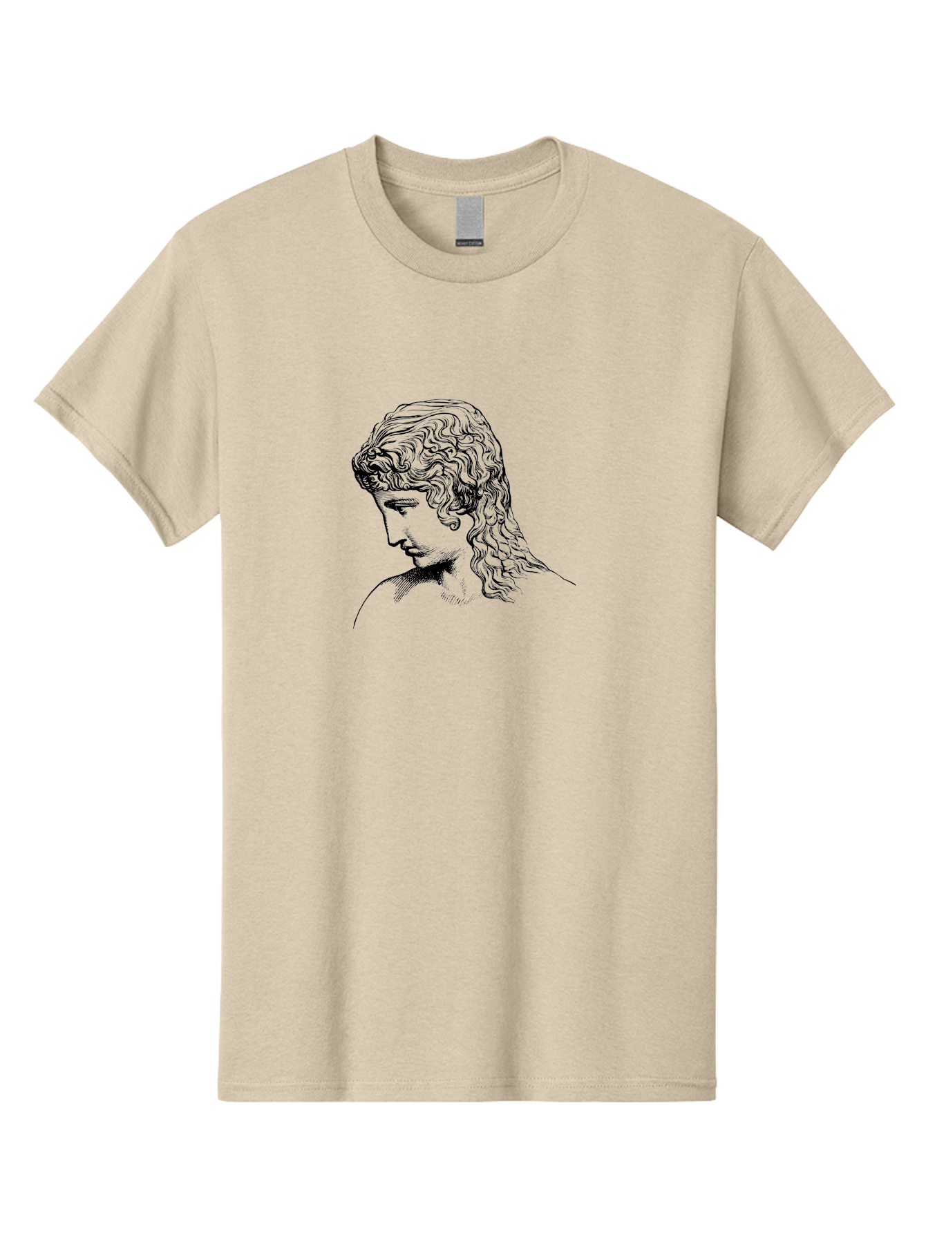 Greek-Statue-1 Men'S Graphic Tee, 100% Cotton, Comfortable Casual Summer Wear, Machine Washable, Woman Looking Down, Flowing Hair, Black And White Illustration, Elegant Portrait, Classical Art, Serene Expression, Calm Atmosphere, -  Aaa539