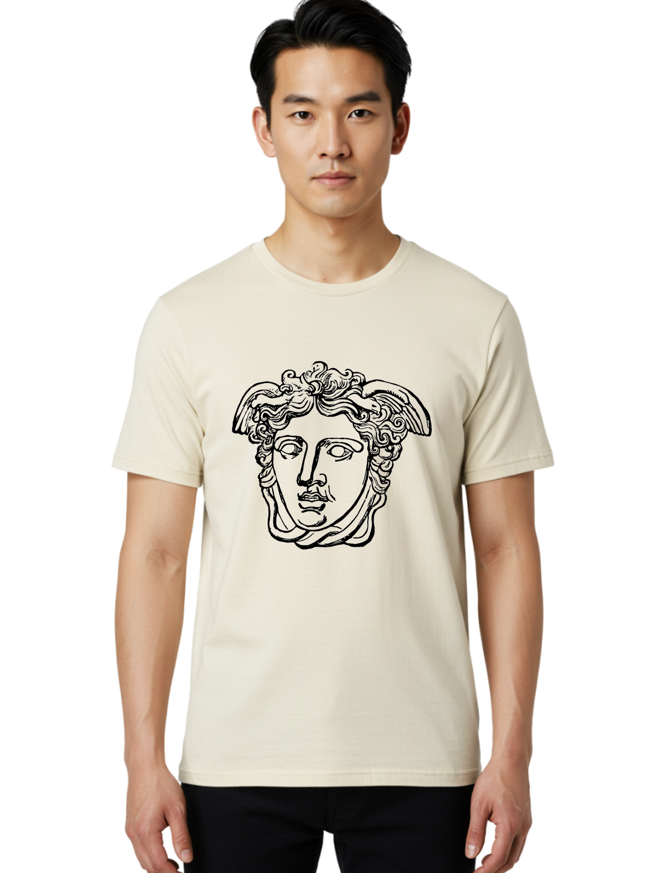 Hermes-Head Men'S Graphic Tee, 100% Cotton, Comfortable Casual Summer Wear, Machine Washable, Classical Art, Greek Mythology, Hermes Statue, Winged Head, Curly Hair, Elegant Design, Minimalist Illustration, Ancient Greece -  Aaa543