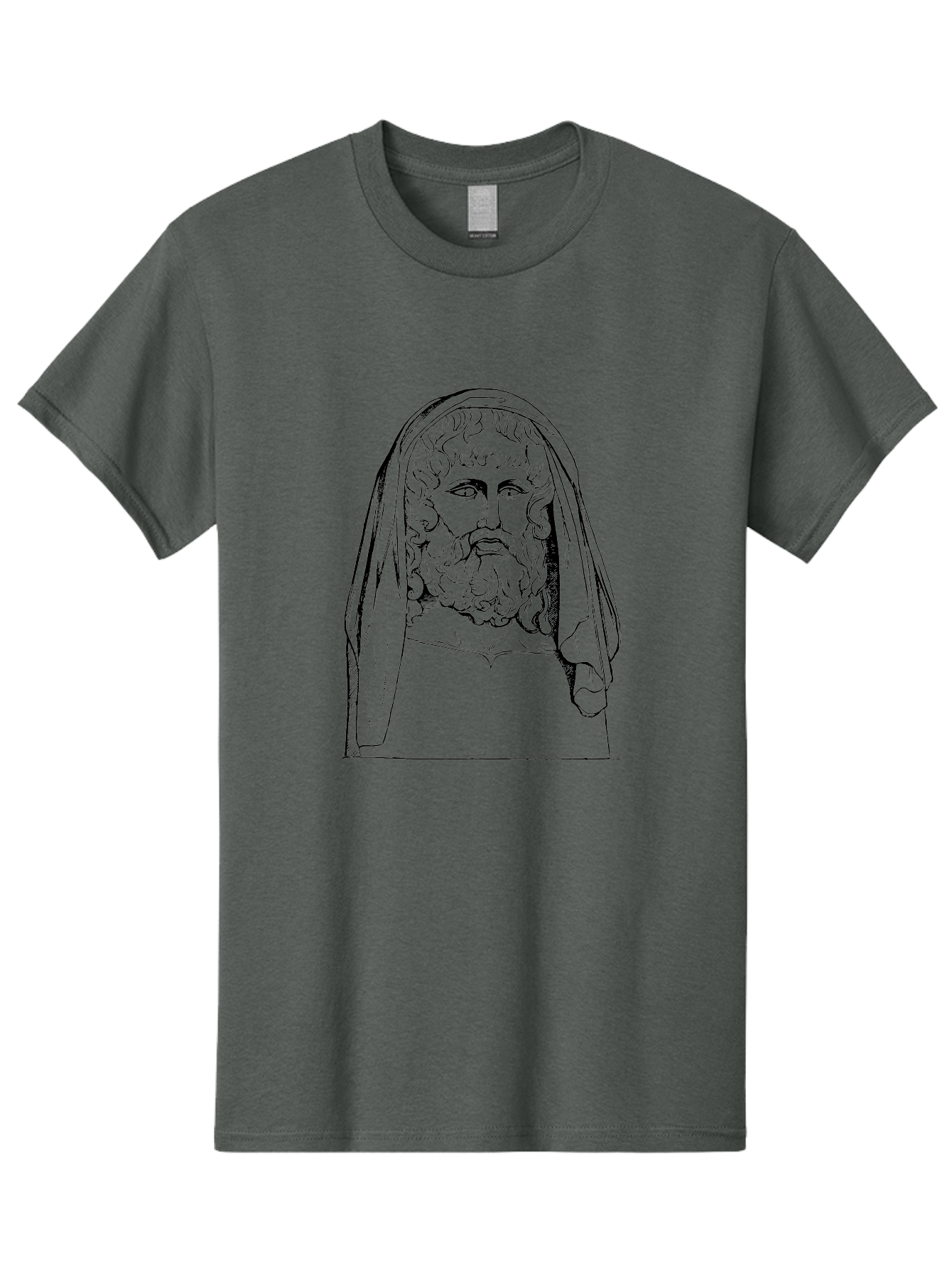 classical illustration, ancient Greek poet, bearded man, curly hair, hooded figure, literary figure, historical portrait, vintage artwork, traditional drawing