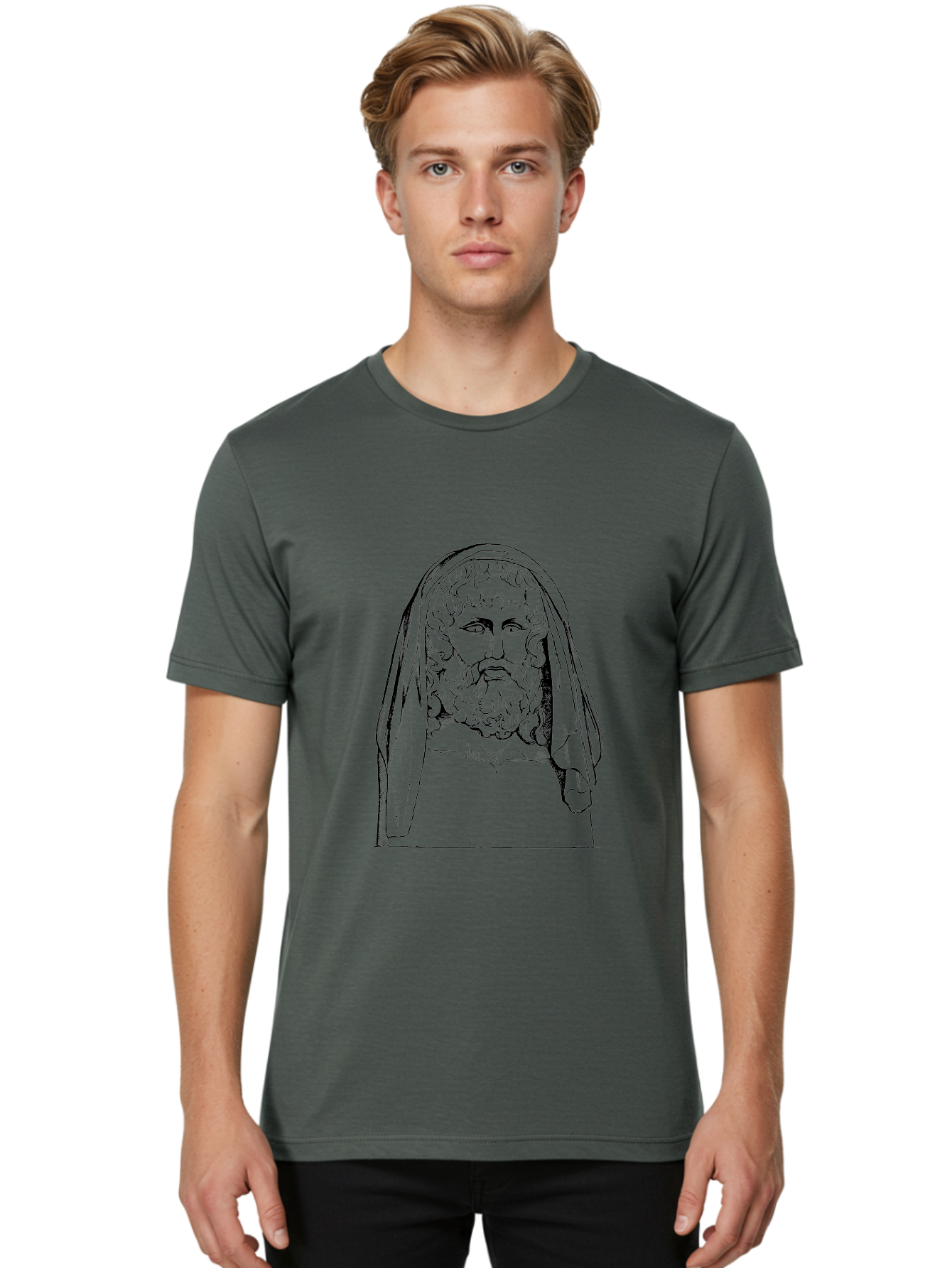 classical illustration, ancient Greek poet, bearded man, curly hair, hooded figure, literary figure, historical portrait, vintage artwork, traditional drawing