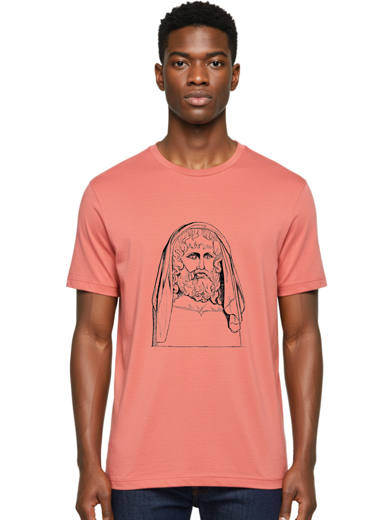 classical illustration, ancient Greek poet, bearded man, curly hair, hooded figure, literary figure, historical portrait, vintage artwork, traditional drawing