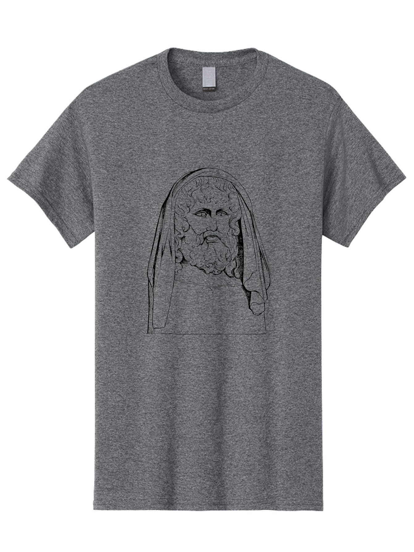 classical illustration, ancient Greek poet, bearded man, curly hair, hooded figure, literary figure, historical portrait, vintage artwork, traditional drawing