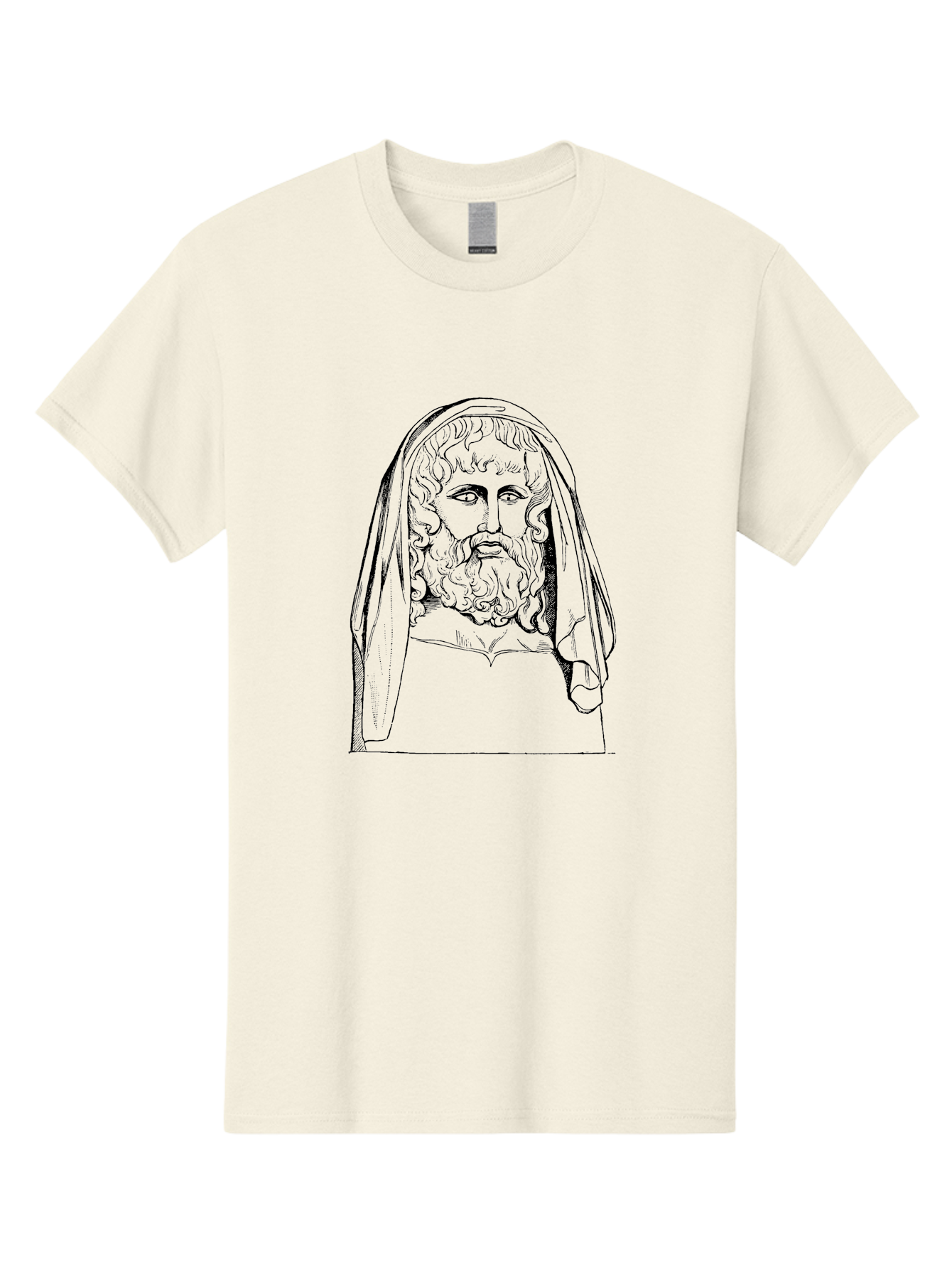 classical illustration, ancient Greek poet, bearded man, curly hair, hooded figure, literary figure, historical portrait, vintage artwork, traditional drawing