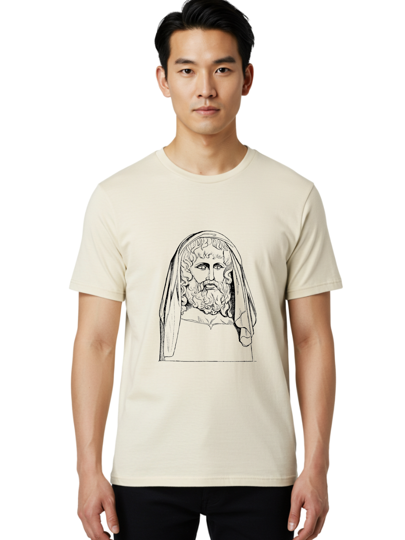 classical illustration, ancient Greek poet, bearded man, curly hair, hooded figure, literary figure, historical portrait, vintage artwork, traditional drawing