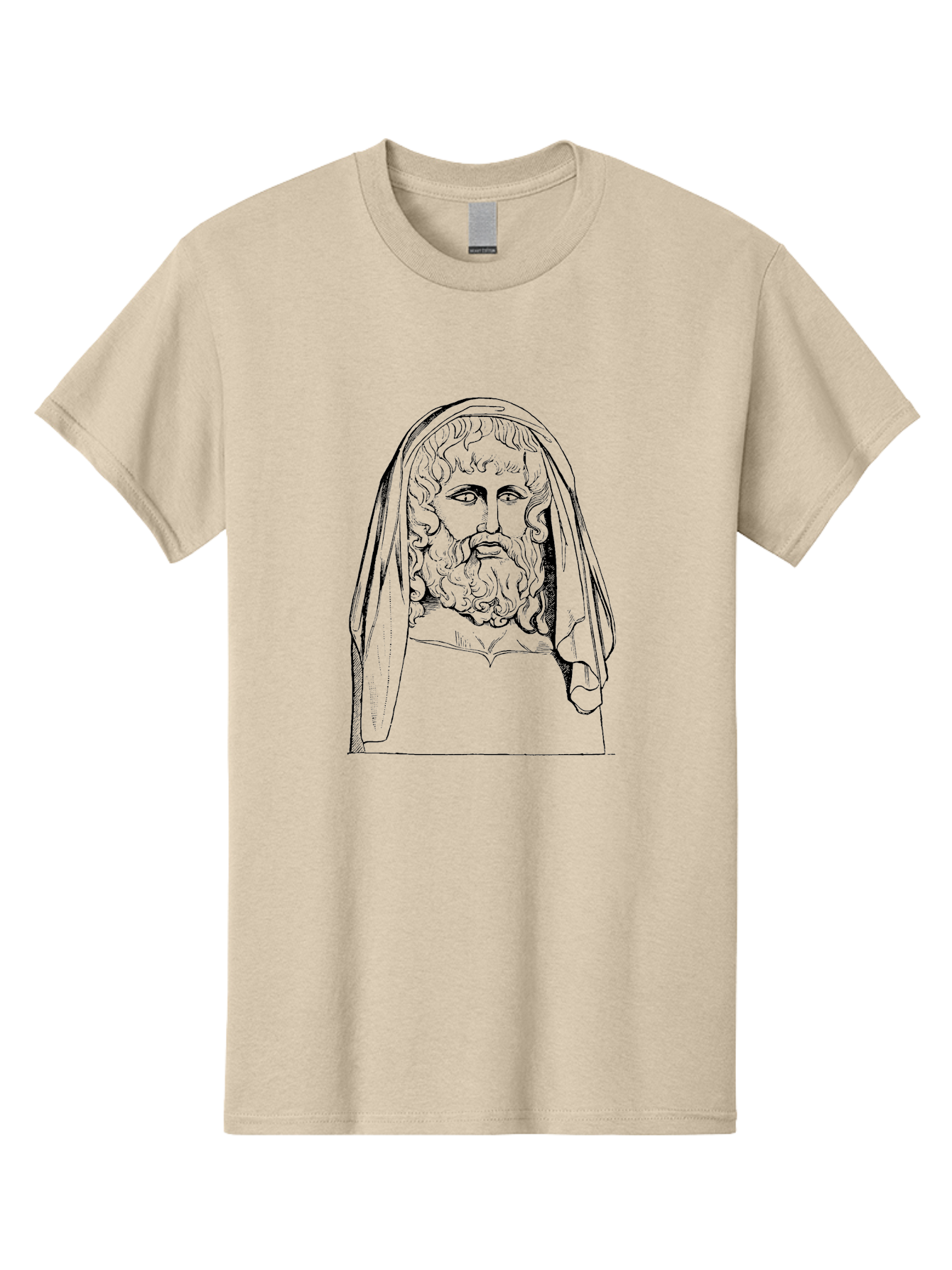 classical illustration, ancient Greek poet, bearded man, curly hair, hooded figure, literary figure, historical portrait, vintage artwork, traditional drawing