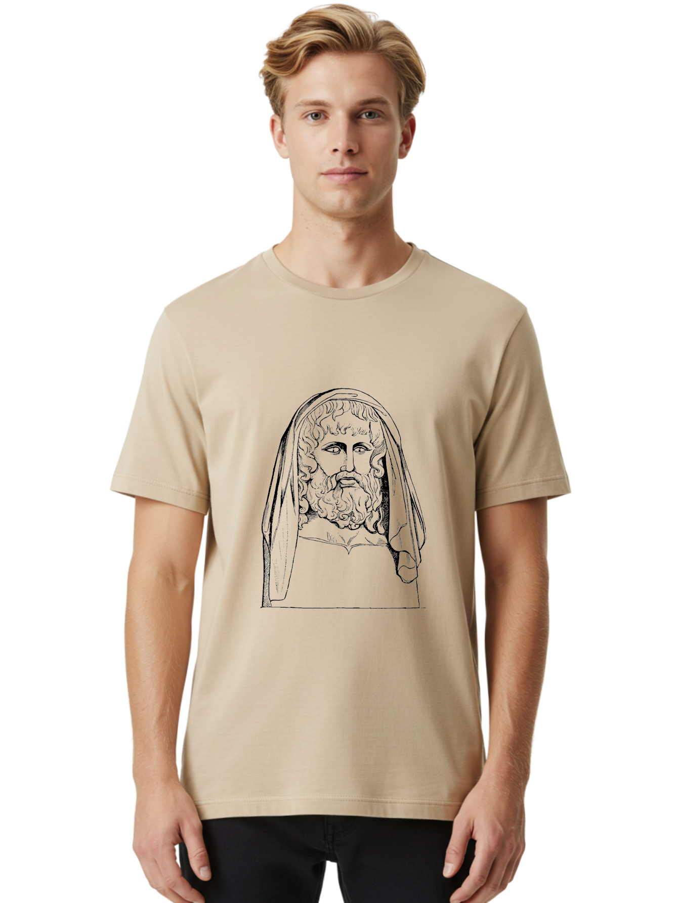 classical illustration, ancient Greek poet, bearded man, curly hair, hooded figure, literary figure, historical portrait, vintage artwork, traditional drawing